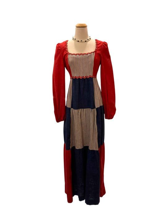 Vintage Rare Young Edwardian Red White and Blue Patchwork Prairie Dress With Zig Zag Trim
