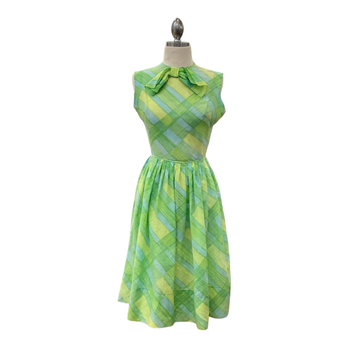 Vintage Early 1960s Gay Gibson Lime Green and Blue Abstract Gingham Shirtdress with Bow Nylon Zipper