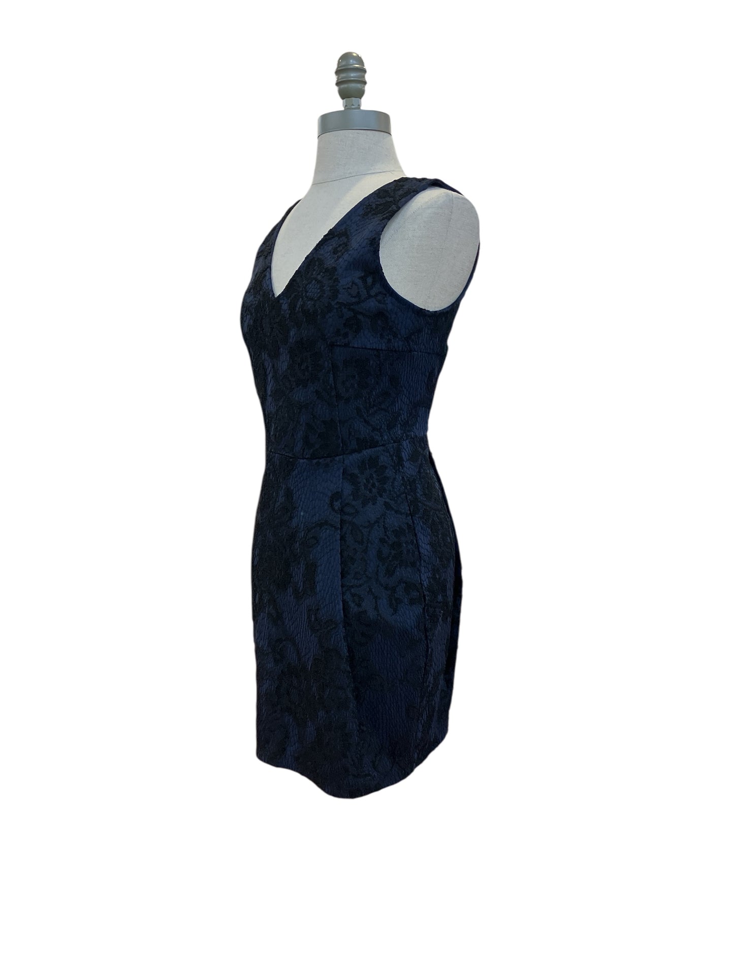 Designer Armani Exchange Navy Blue Black Lace Cocktail Dress Plunging V Neck Fitted Tailored Pleats With Pockets