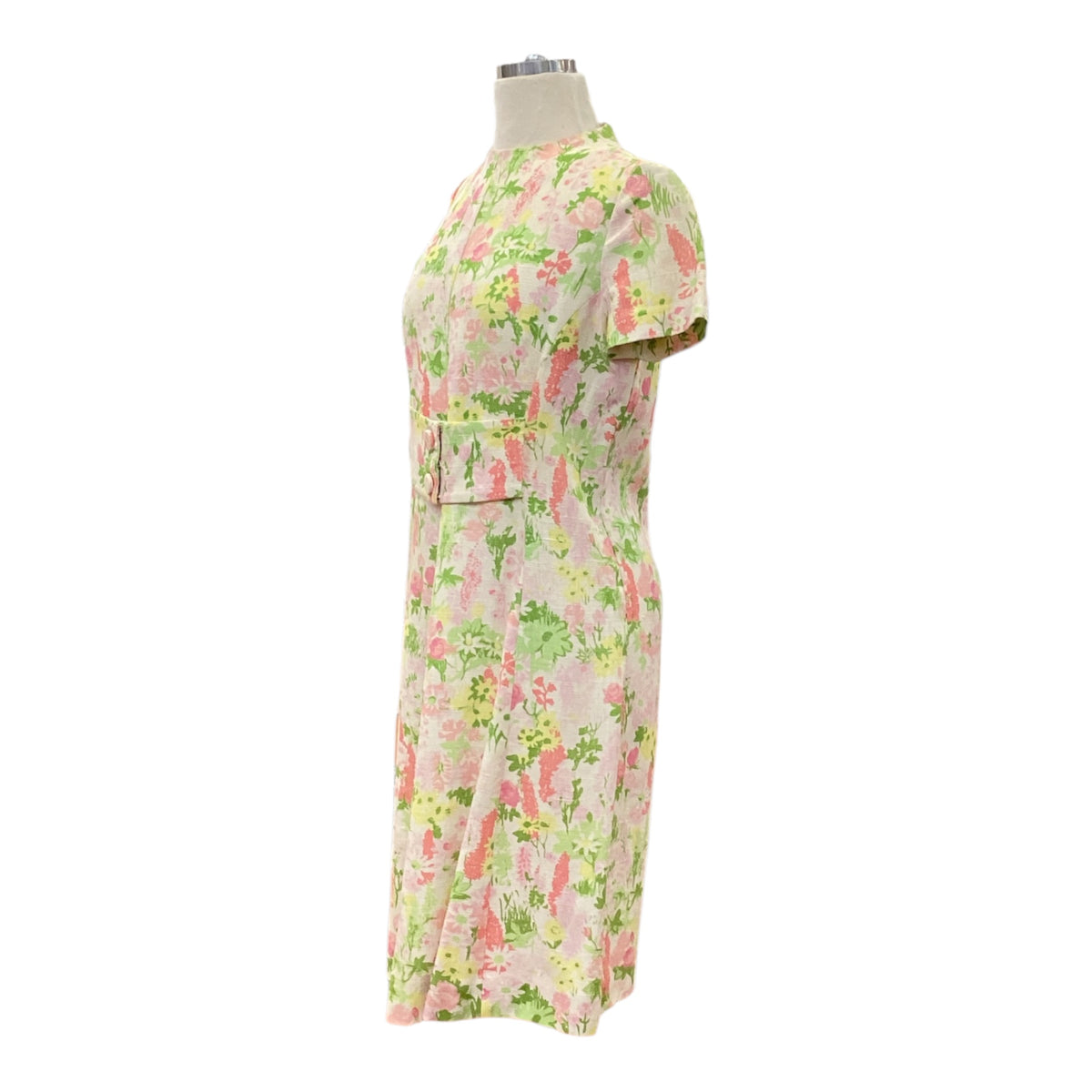 Vintage 1960s Handmade Linen Short Sleeve Sheath Dress Spring Floral Pattern Pink Light Yellow Green Fabric Button Front