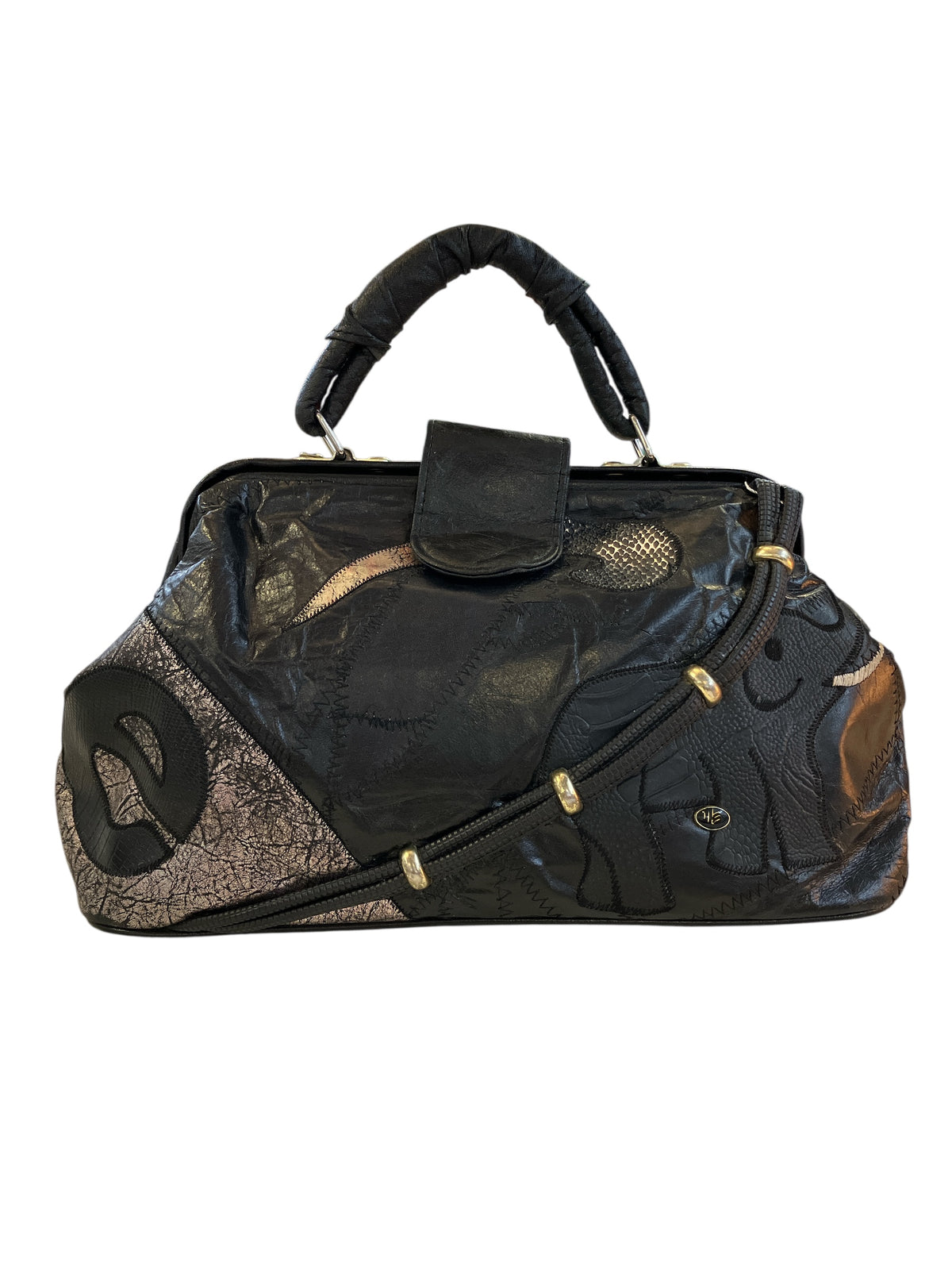 Vintage Elegance Leather Bag Patchwork with Elephant and Lowercase e