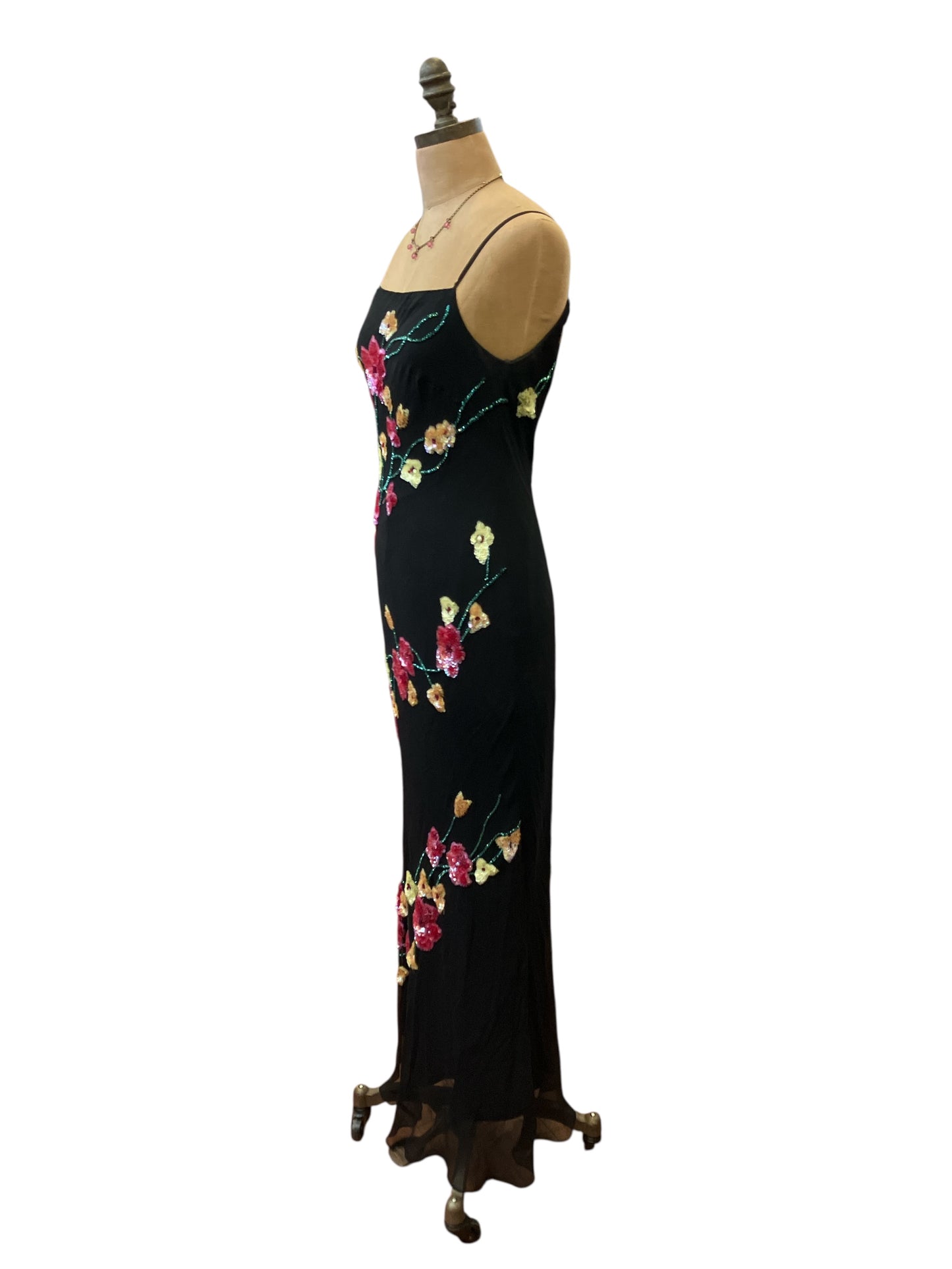Vintage 1990s Marina Black Silk Spaghetti Strap Bias Cut Pink Floral Beaded Evening Dress