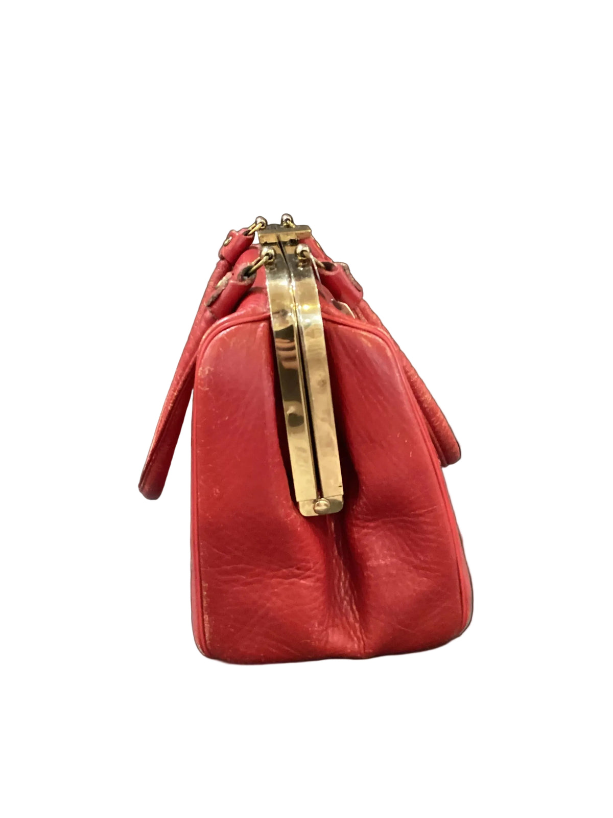 Vintage Margolin Red Genuine Leather Bag Gold Tone Hardware Newspaper Print Fabric Interior Lining