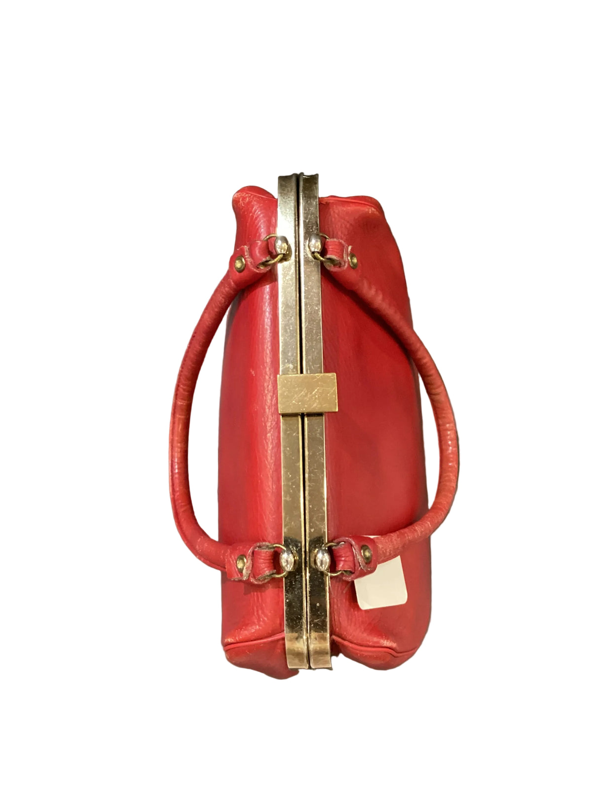 Vintage Margolin Red Genuine Leather Bag Gold Tone Hardware Newspaper Print Fabric Interior Lining