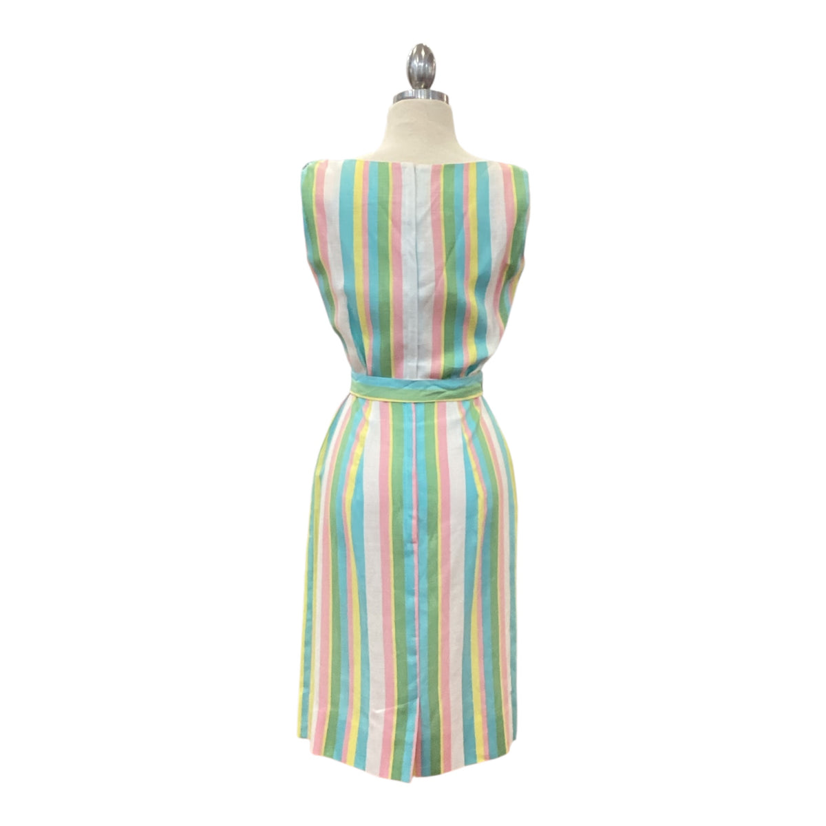 Vintage 1950s Gallant California Linen Boatneck Sundress Pink Yellow Green Blue White Vertical Stripe Tie Waist Summer