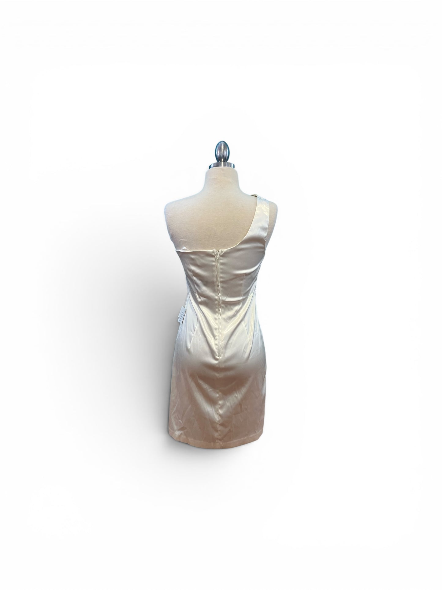 Vintage 1990s White Satin Short Dress Rhinestone Embellishment Cut Out Waist