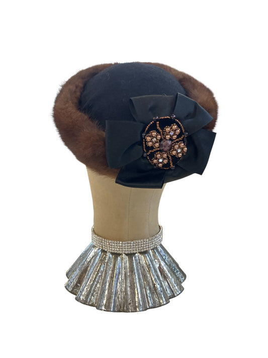 Vintage Bergdorf Goodman Custom One of a Kind Ladies Mink Dress Hat with Amber Rhinestone and Faux Pearl Beading
