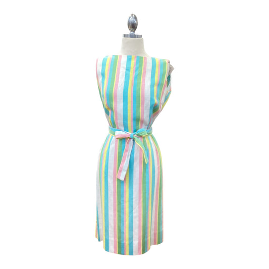 Vintage 1950s Gallant California Linen Boatneck Sundress Pink Yellow Green Blue White Vertical Stripe Tie Waist Summer