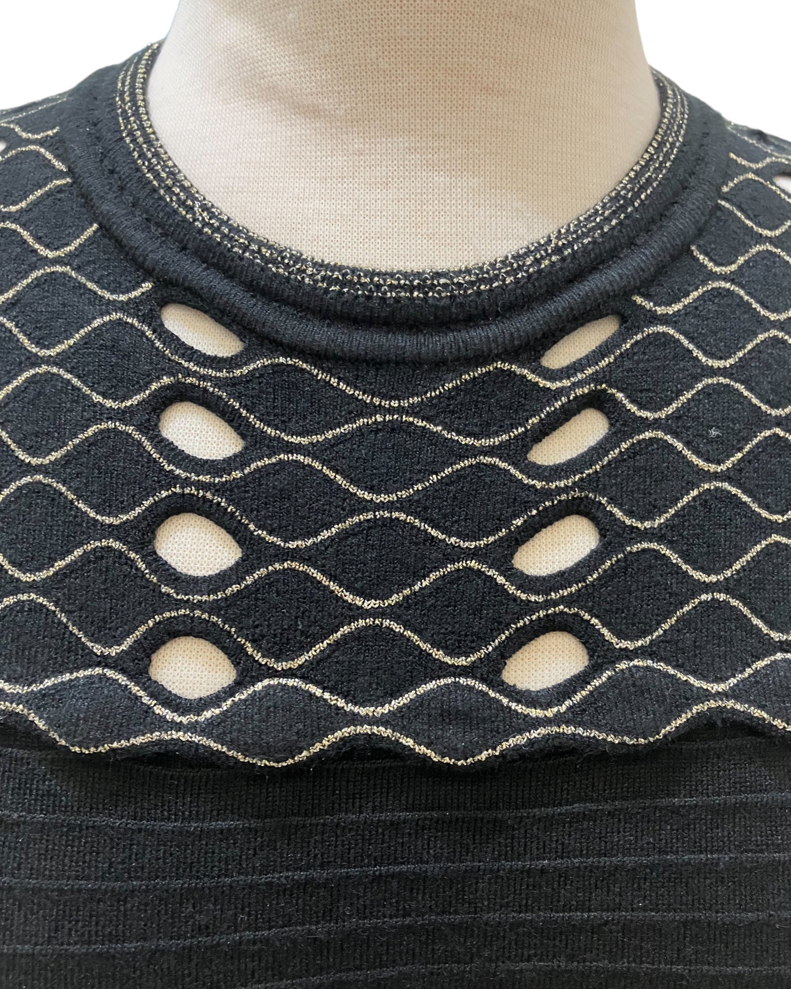 Designer Ted Baker Black Knit Dress With Metallic Gold Design Amorin Vintage Designer Ted Baker Black Knit Dress With Metallic Gold Design Amorin Vintage