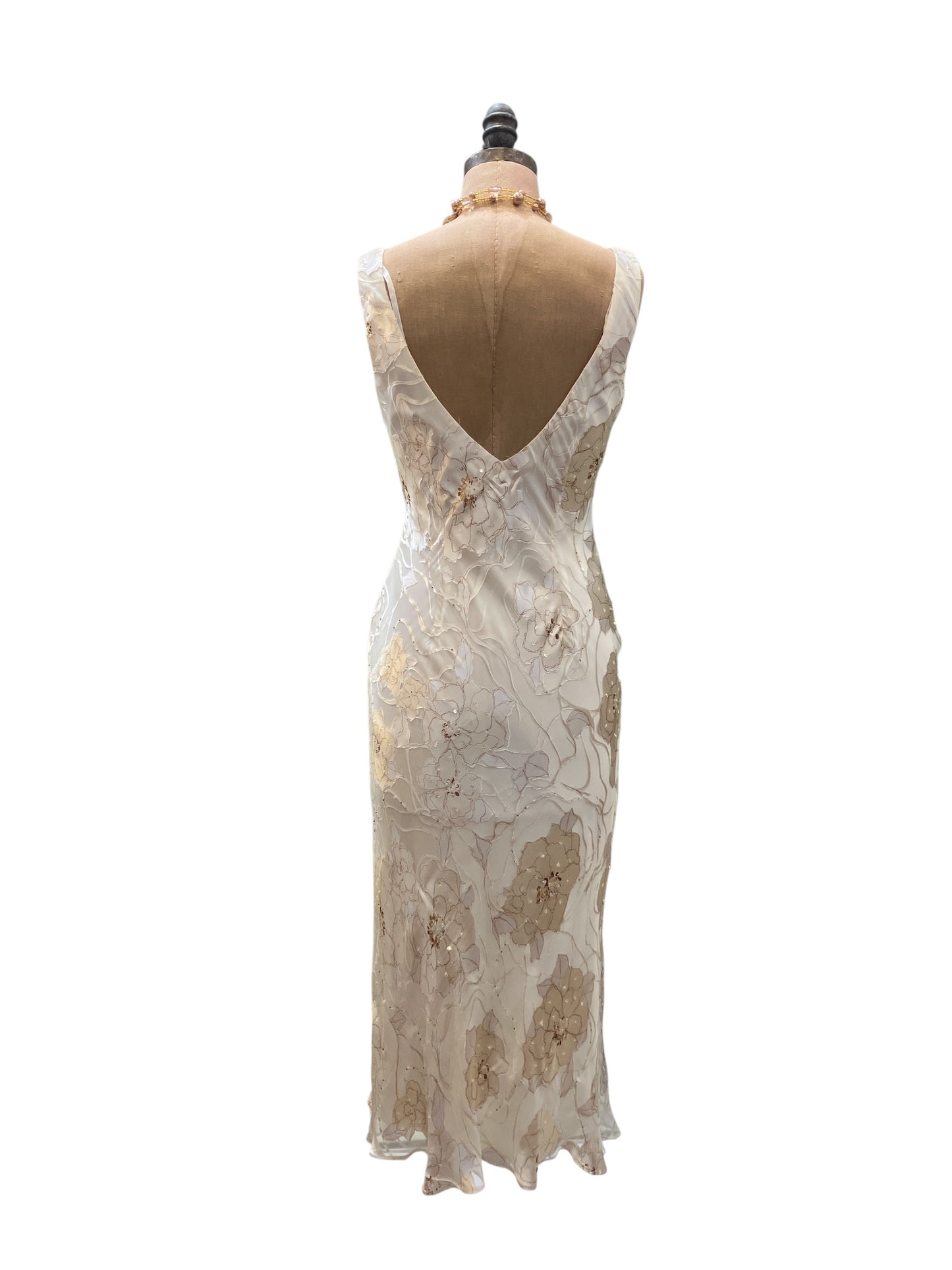 Vintage 1990s Alex Evenings Silk Blend Bias Cut Ivory And Champagne Floral Beaded Cocktail Dress with Matching Scarf
