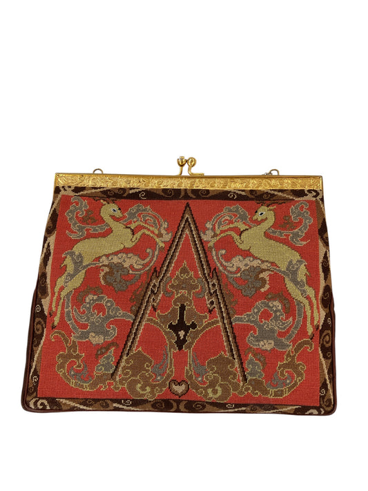 Vintage Petit Point Gold Hardware Kisslock Purse with Deer and Clouds