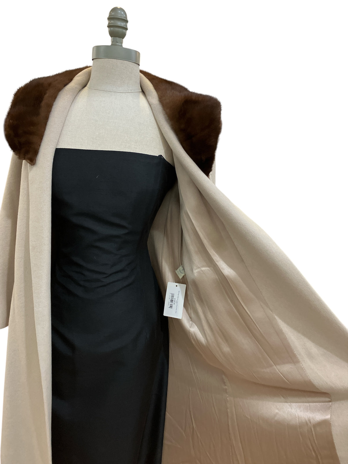 Vintage 1960s Union Made Light Beige Open Front Cashmere Coat with Dark Brown Mink Collar