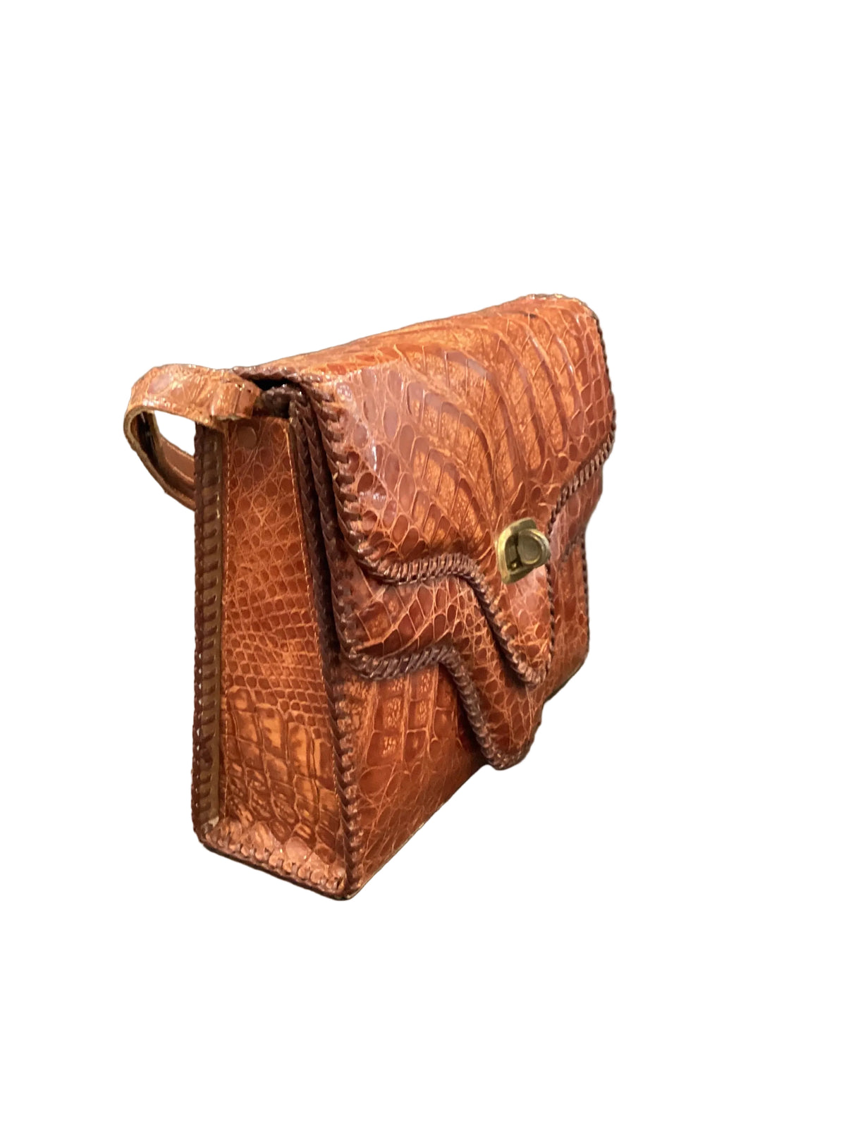 Vintage 1940s Genuine Crocodile Skin Brown Bag Two Compartment Convertible Strap(Sold As-Found)