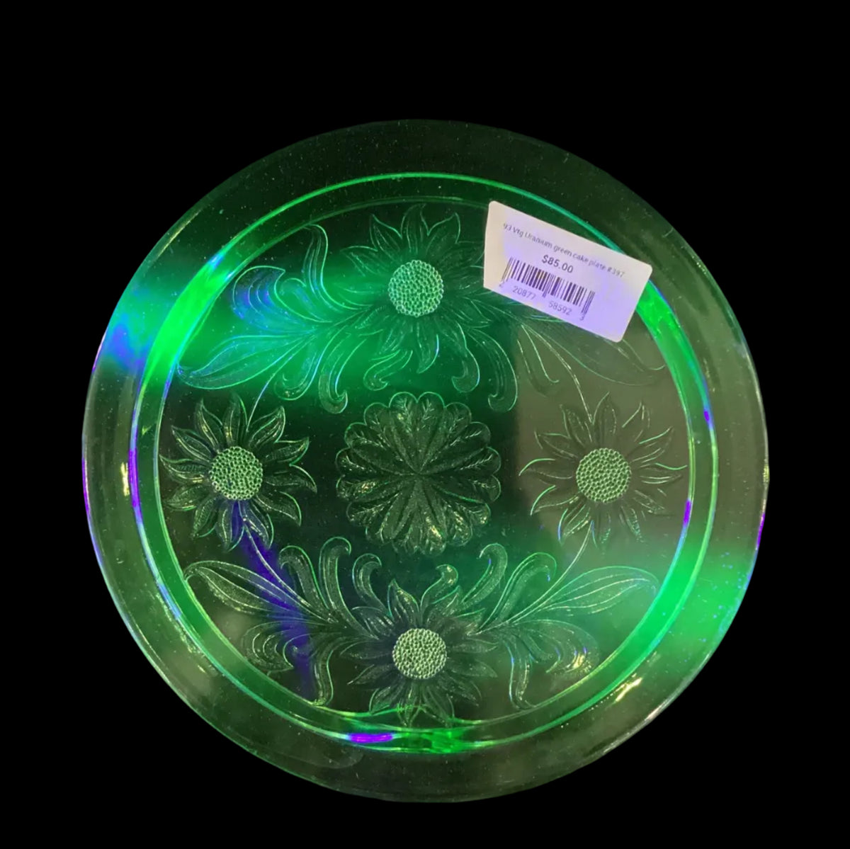 Stunning Rare Vintage Uranium Vaseline Depression Glass Cake Plate with Sunflower Motif (1pc)