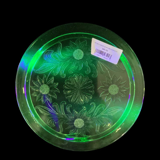 Stunning Rare Vintage Uranium Vaseline Depression Glass Cake Plate with Sunflower Motif (1pc)