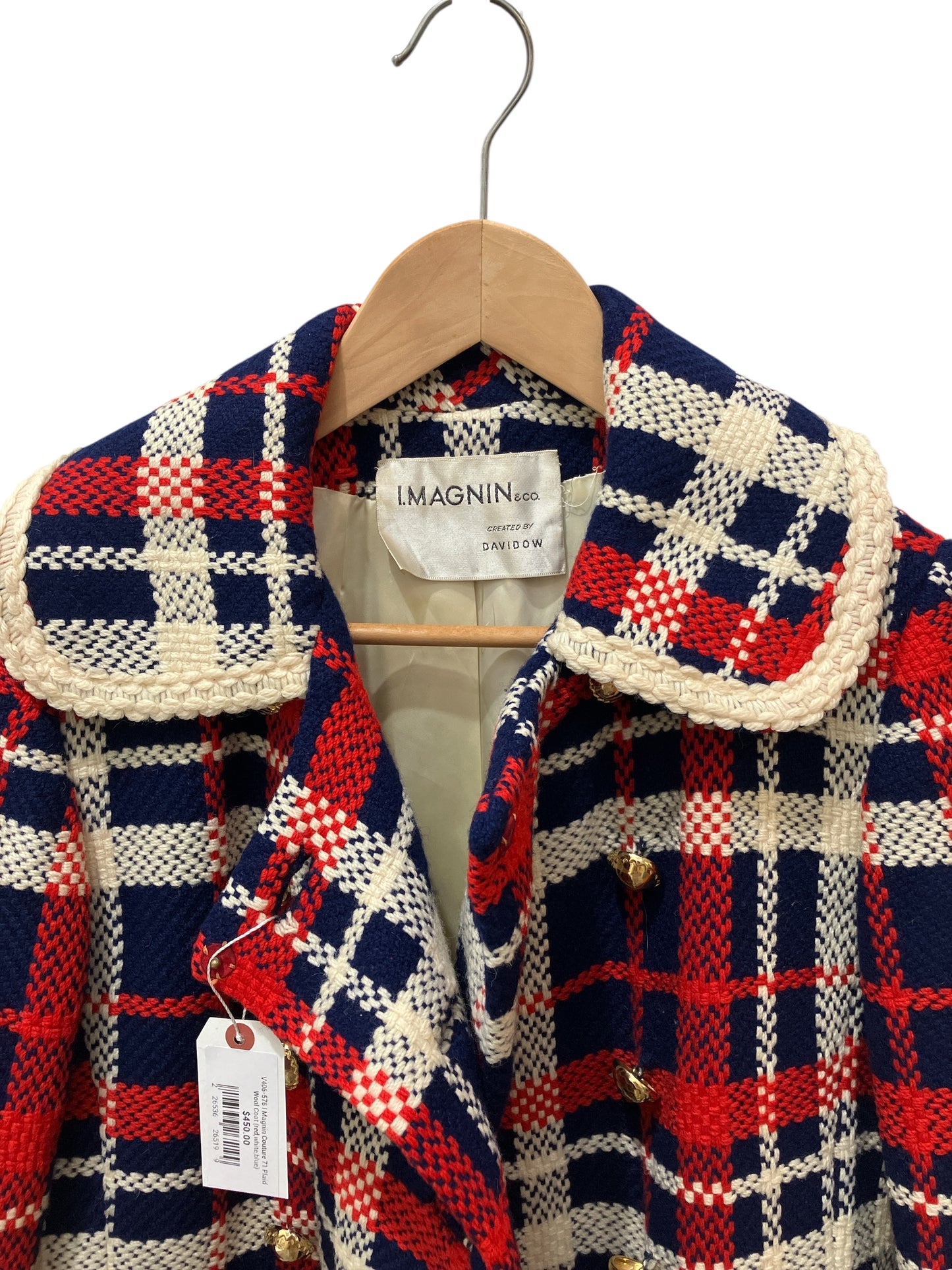 Vintage I. Magnin Couture 1971 Union Made Red White and Blue Plaid Wool Double Breasted Coat Gold Buttons