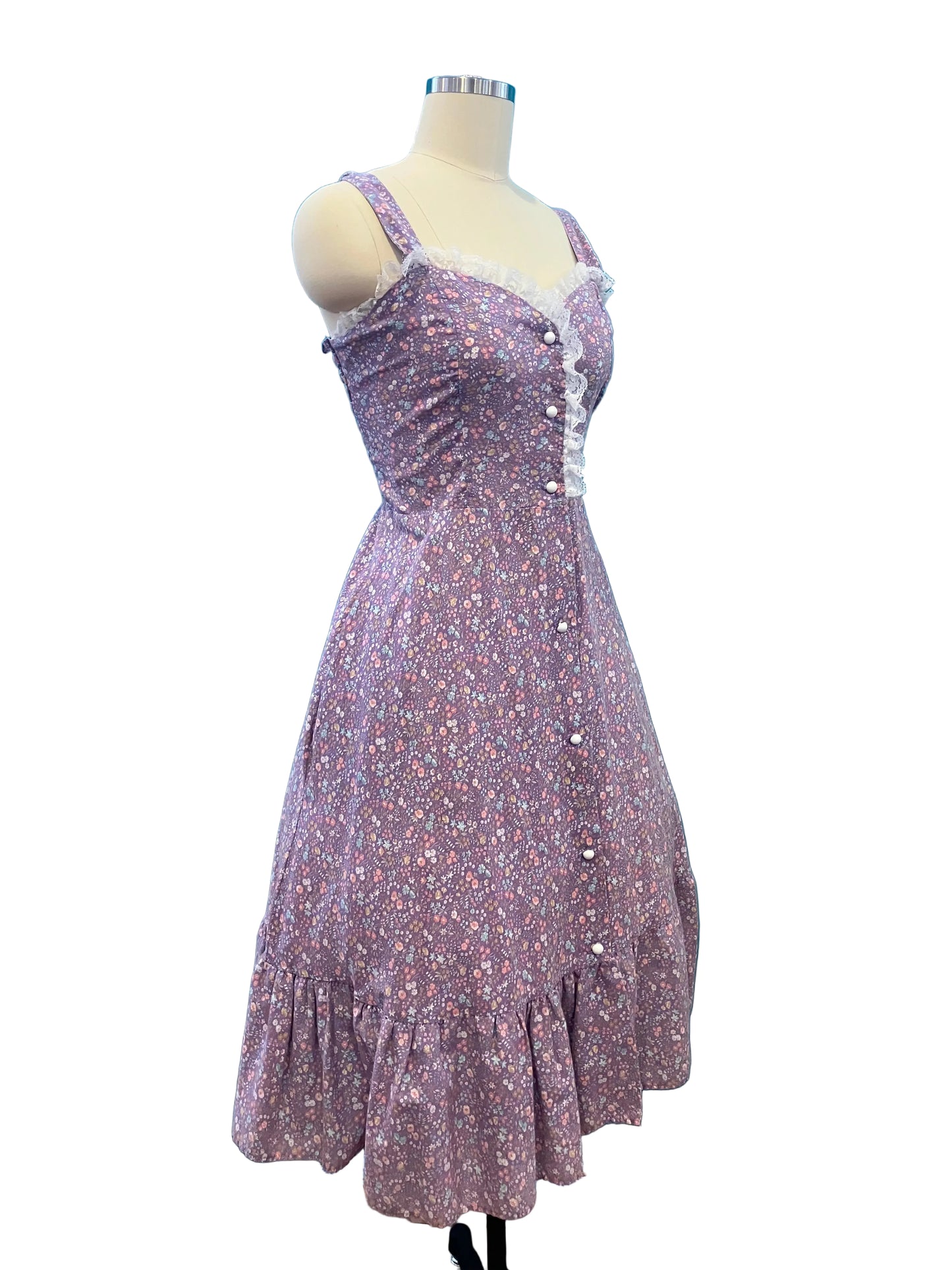 Vintage Gunne Sax Style Ditsy Floral Lavender Sundress with Lace