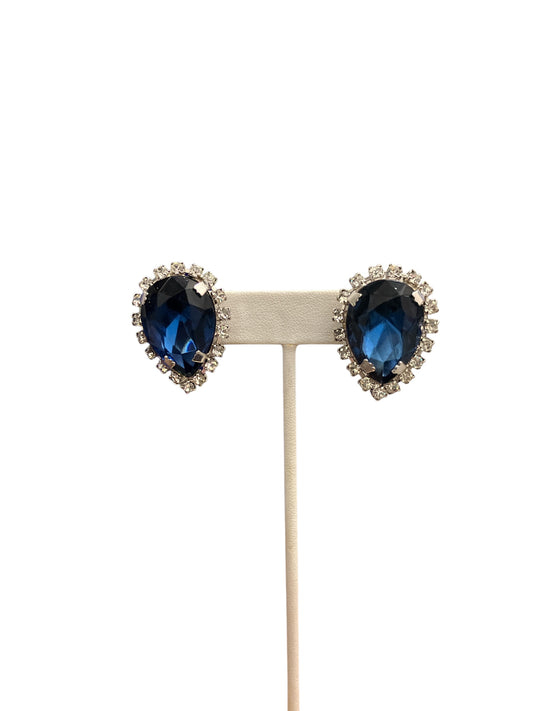 Vintage Large Blue Pear Shape Rhinestone Screw Back Earrings with Clear Halo Stones
