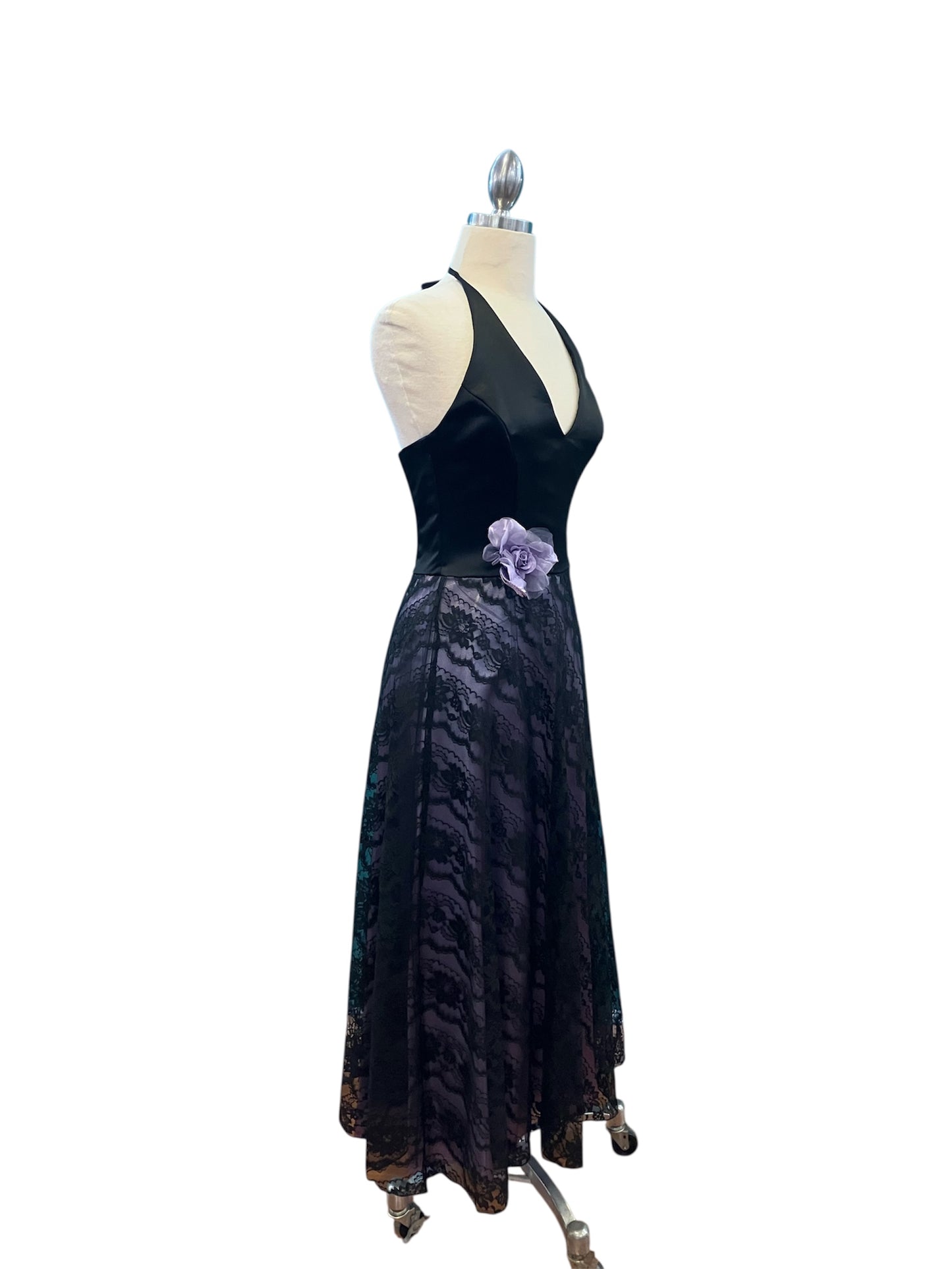 Vintage New With Tags Jessica McClintock Purple and Black Lace Tea Length V-Neck Halter Dress