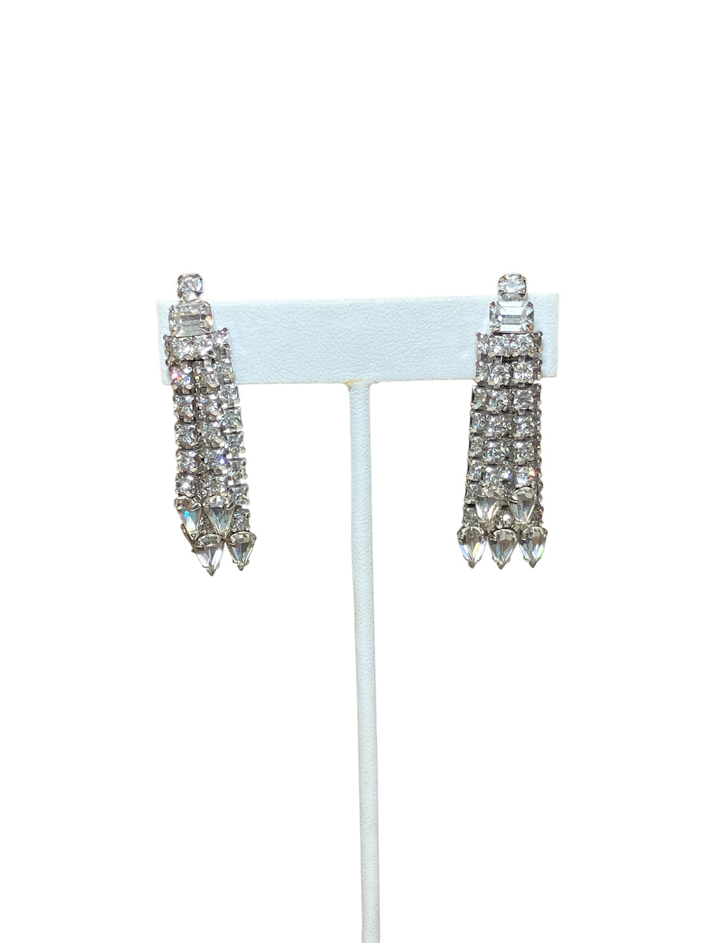 Stunning Vintage 1950s Luxe Screw Back Rhinestone Earrings Tassel Style Heavy Layered Clear Stones
