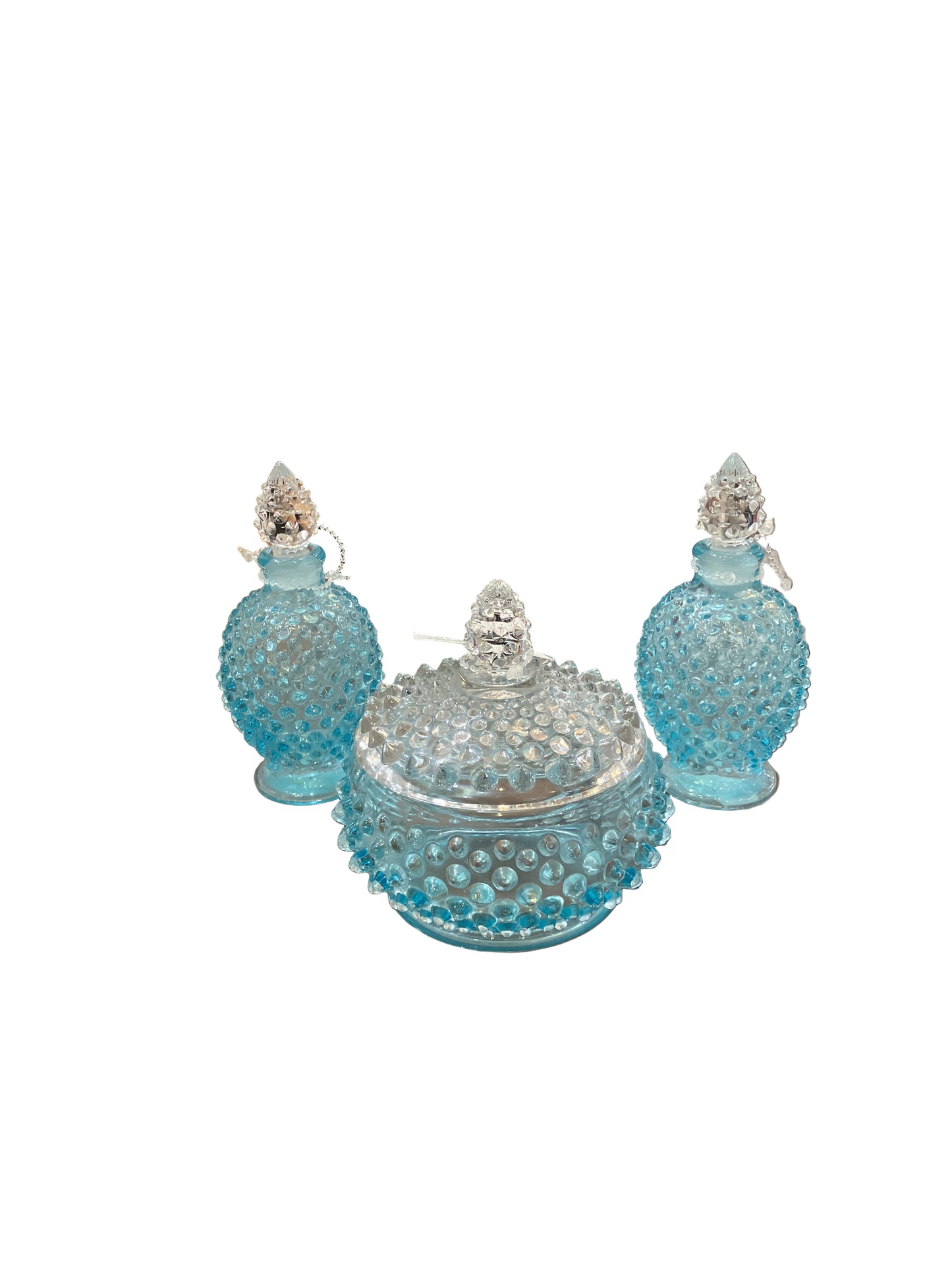 Vintage Fenton Blue Hobnail Vanity Set