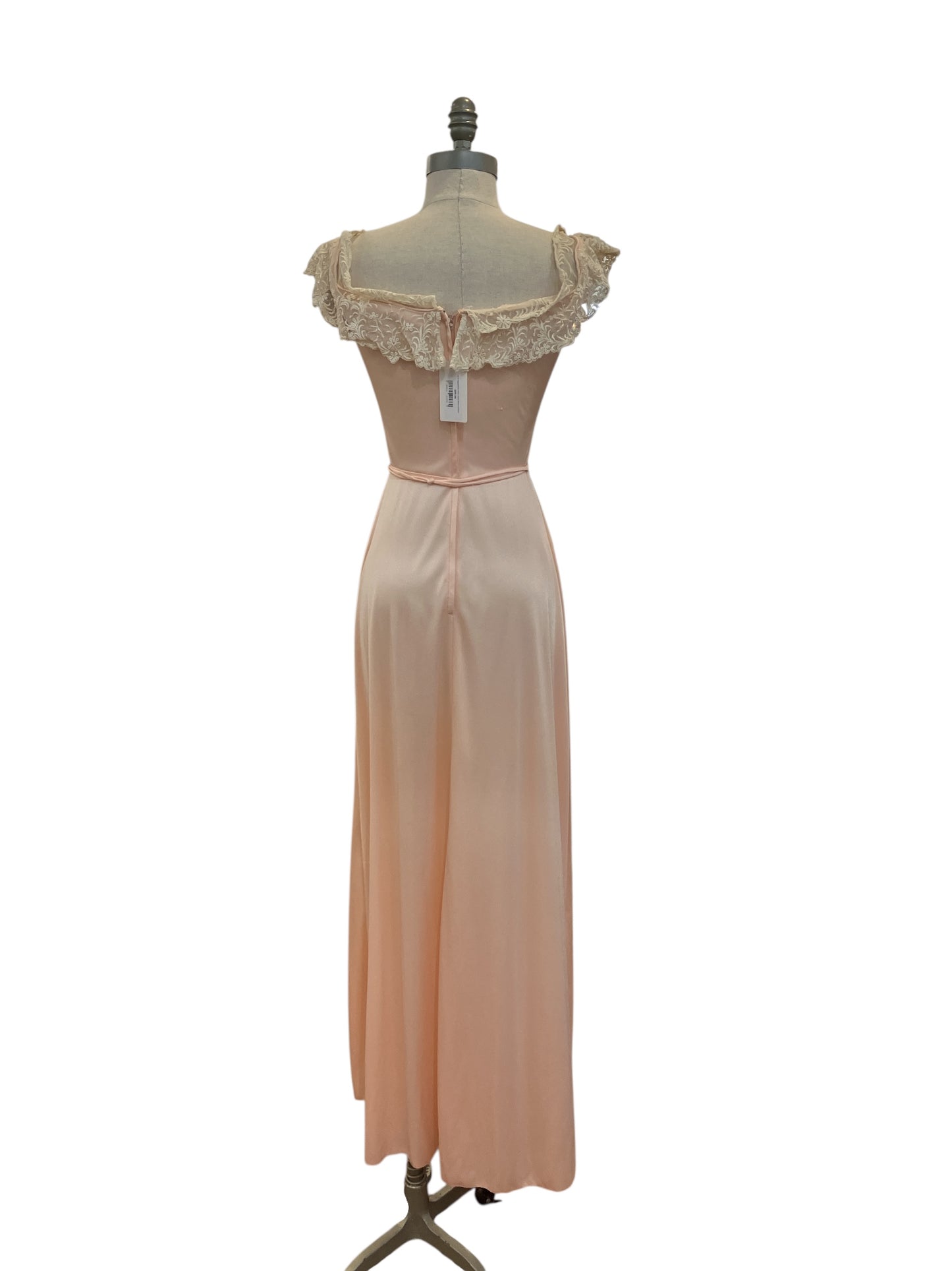Vintage 1970s Blush Peach Maxi Dress Ivory Lace Tie Waist A Line Dress