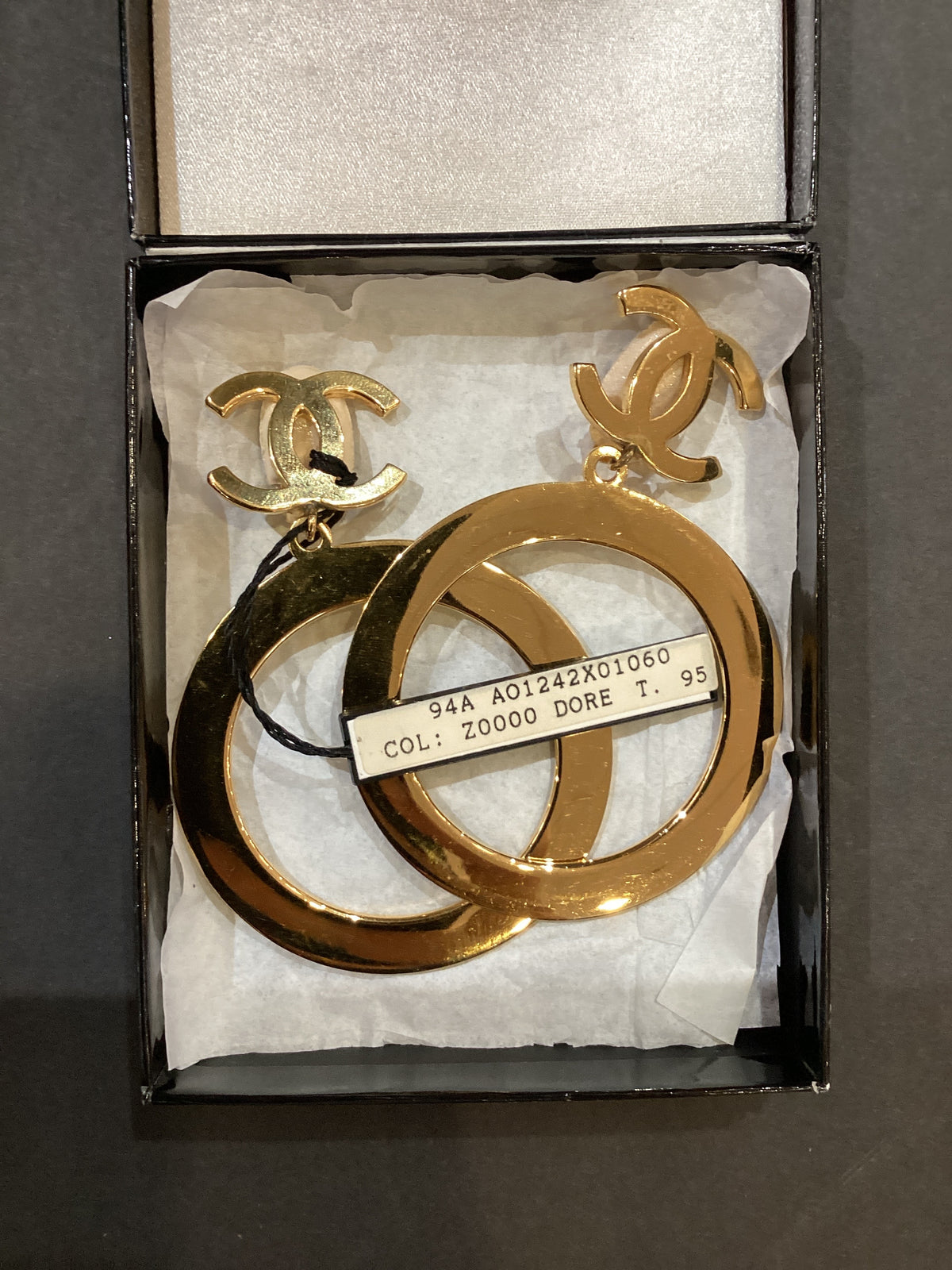 Rare Vintage CHANEL CC Earrings 18k Gold Plated Autumn 1994 Collection Clip On Earrings With Original Box and Tags Made in France Comfort Backing Added