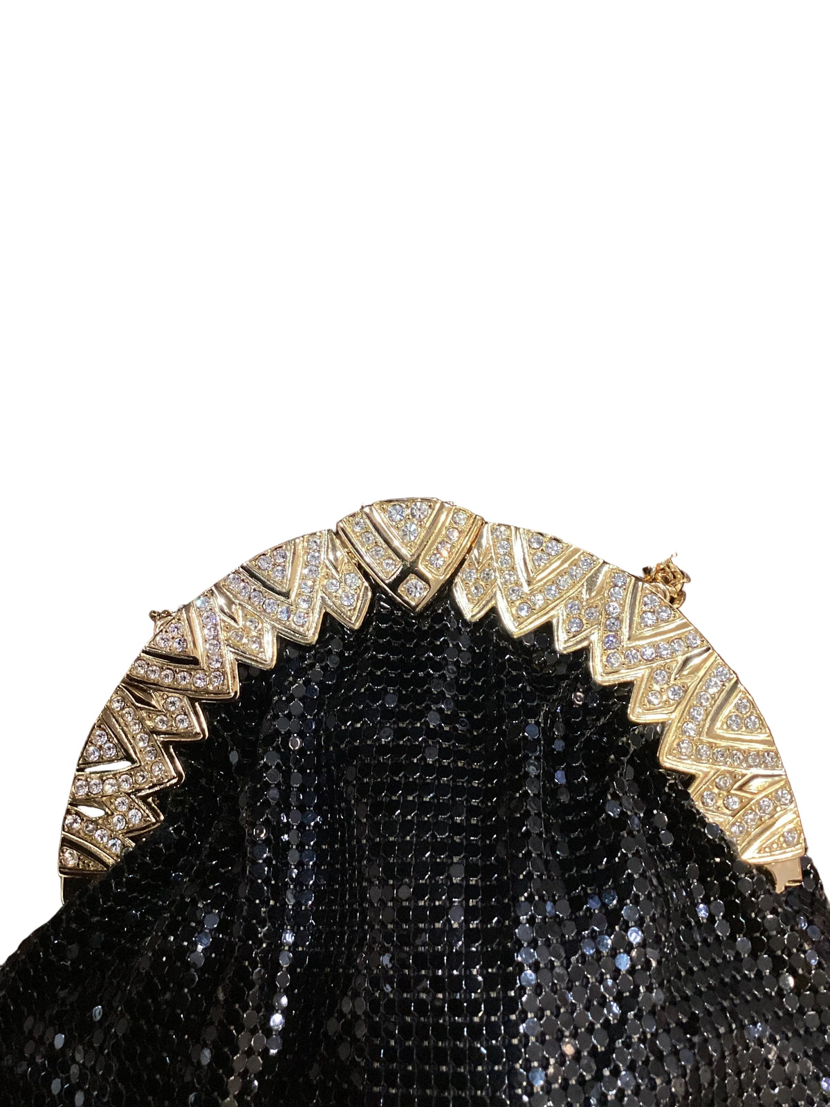 Vintage Whiting & Davis Black Mesh Gold Clasp with Rhinestones Evening Purse with Crossbody Chain Strap