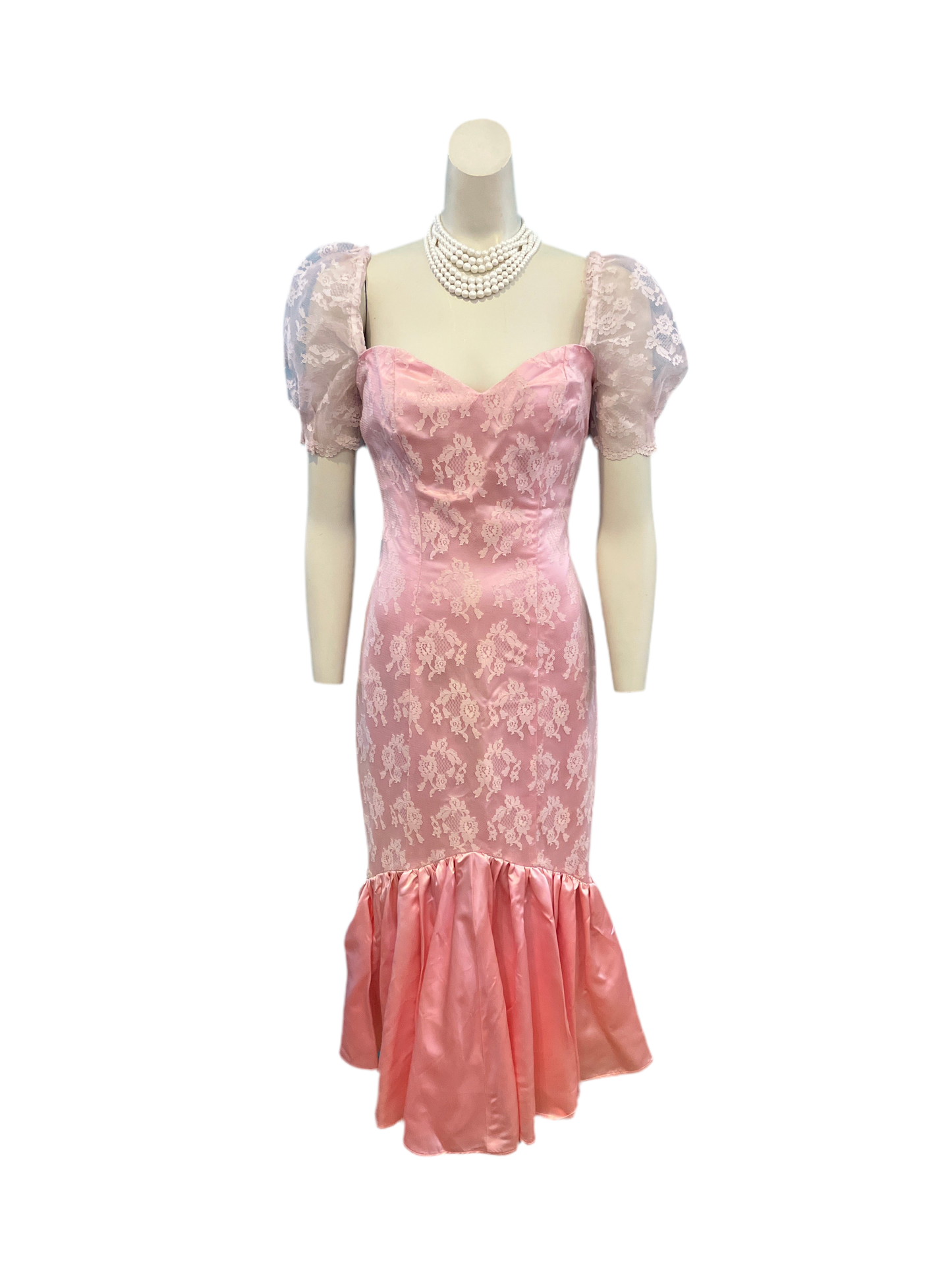 Vintage Handmade 1980s Pink Satin & Lace Dress