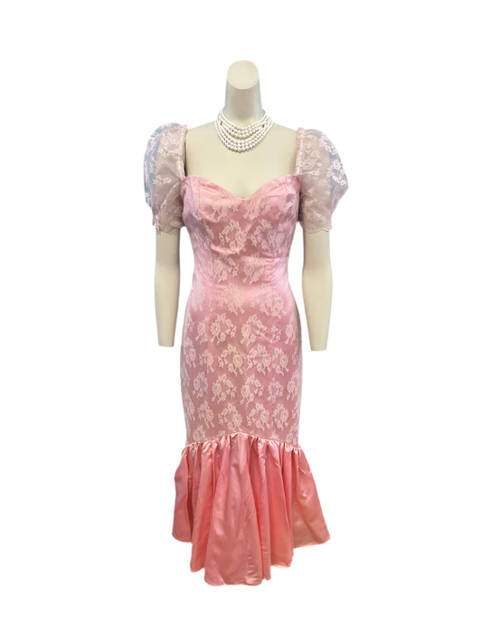 Vintage Handmade 1980s Pink Satin & Lace Dress