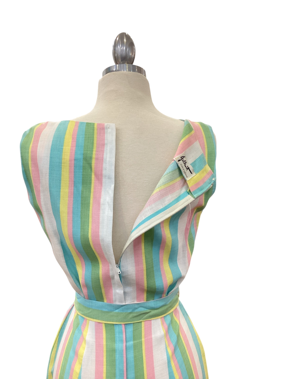 Vintage 1950s Gallant California Linen Boatneck Sundress Pink Yellow Green Blue White Vertical Stripe Tie Waist Summer