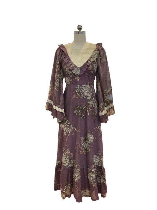 Vintage Miss Rita California Gunne Sax Style Purple Floral Angel Sleeve Dress with Ivory Trim Cotton Voile Modest Size 9