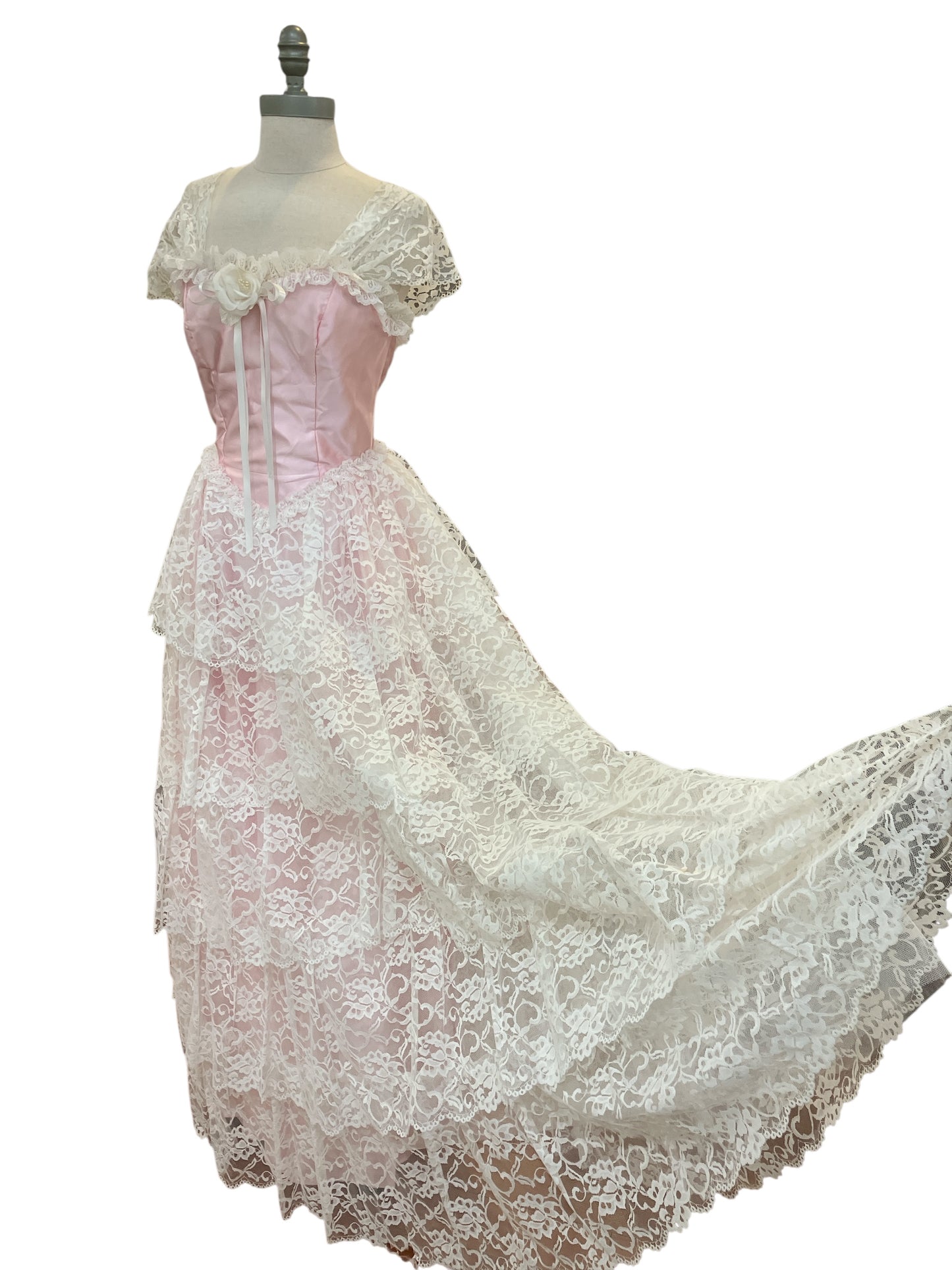 Vintage 1980s Alfred Angelo Flirtations Layered Ruffle Lace Ballgown Baby Pink Coquette Dress Vintage Size 11-12