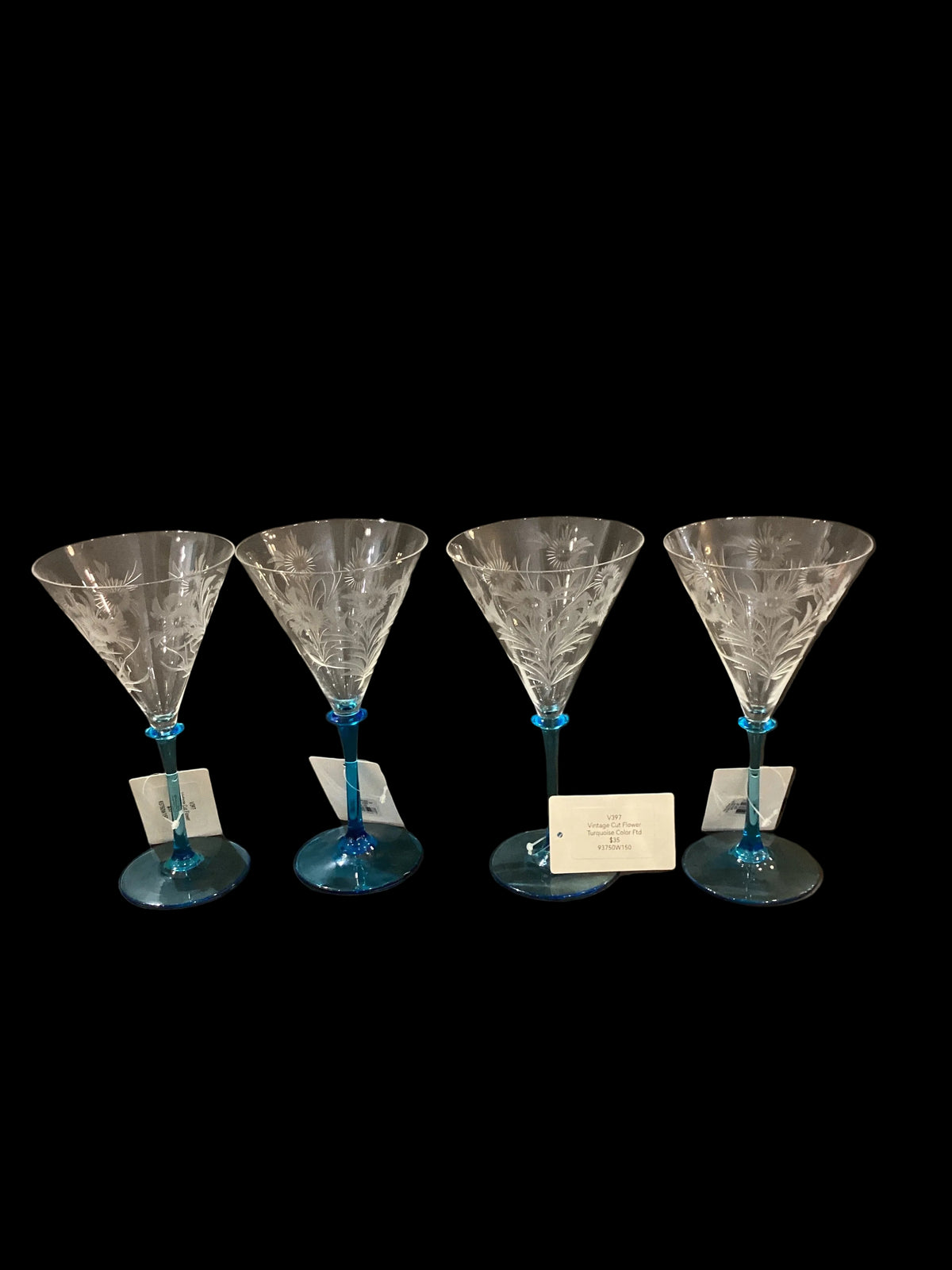 Vintage Cut Flower Turquoise Stem Wine Cocktail Glass Goblet (1pc, 4 available)