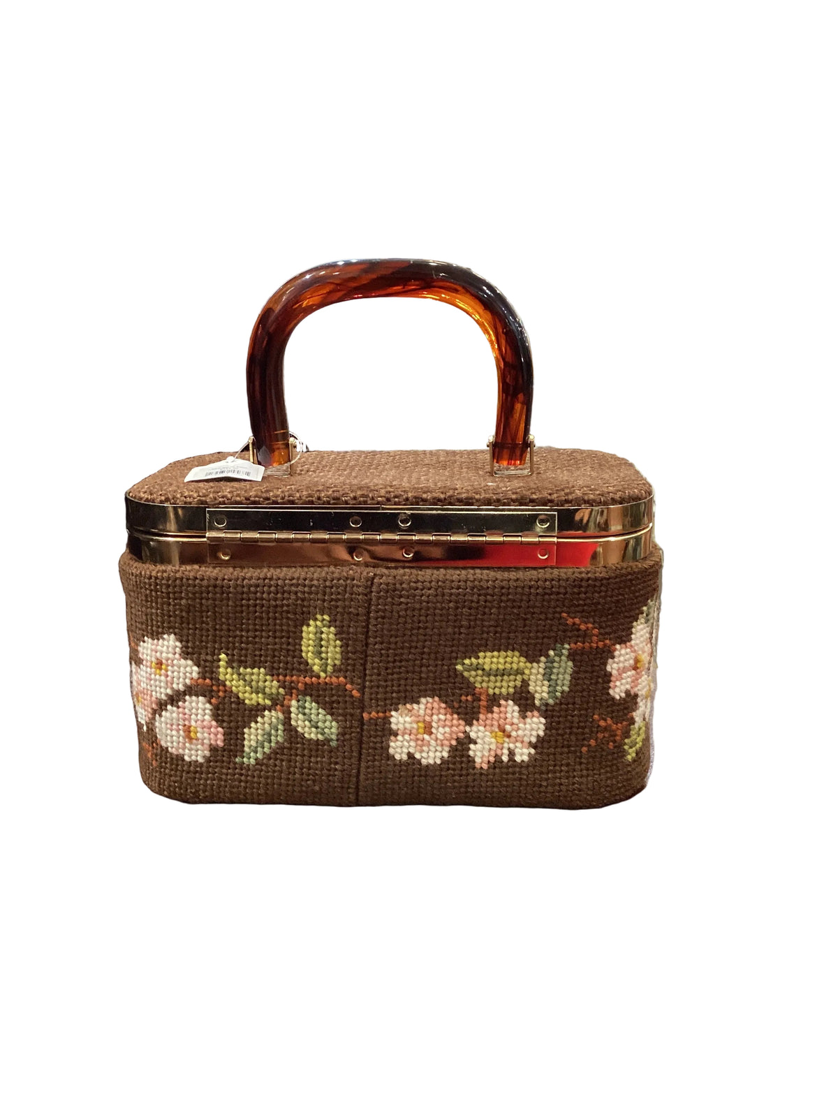Vintage 1950s Brown Floral Needlepoint JR Florida Handbag Hard Shell Lucite Handle Fabric Lining