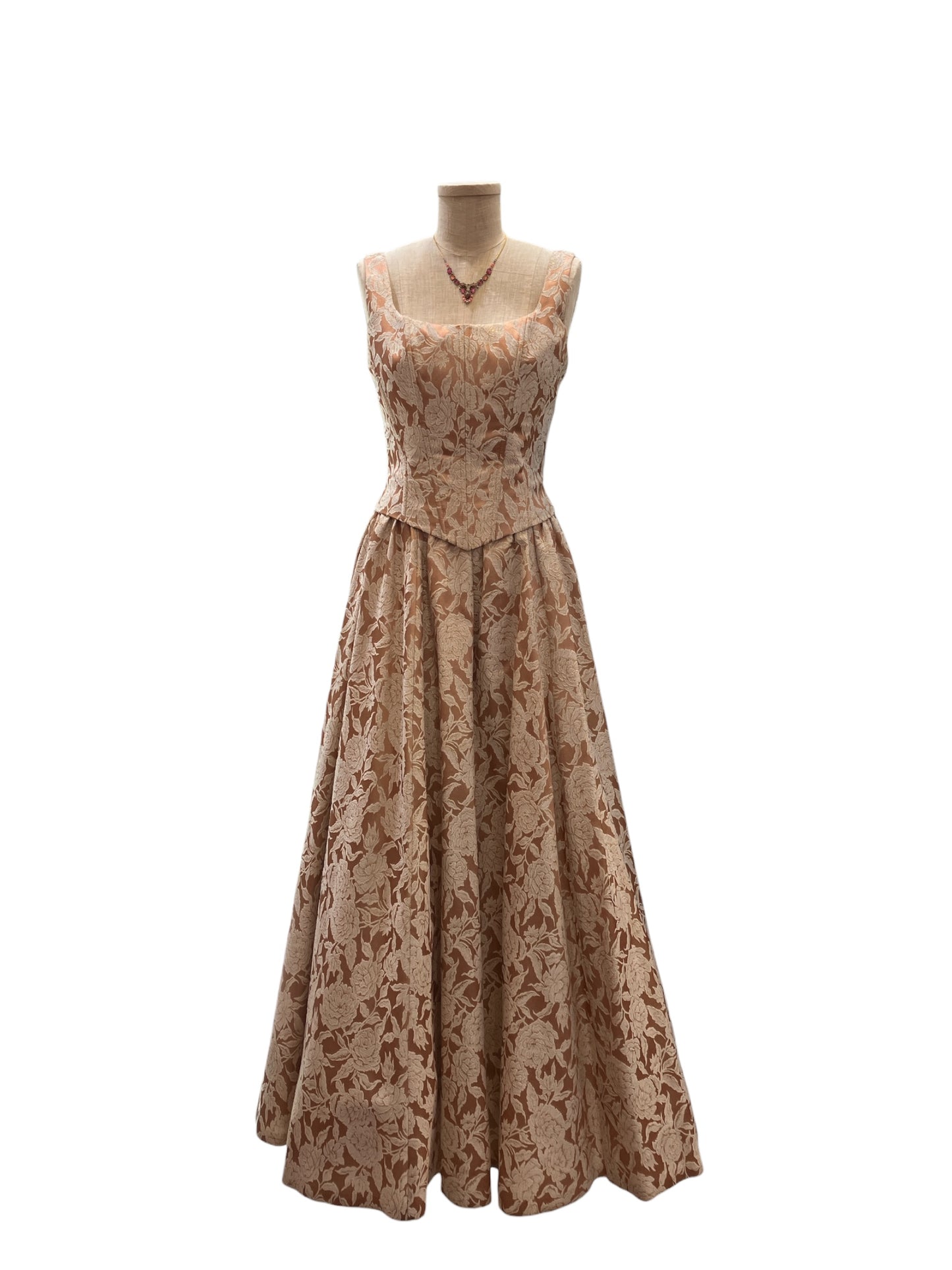Vintage Jessica McClintock Gold Brocade Princess Gown with Boned Bodice and Full Skirt Built in Crinoline
