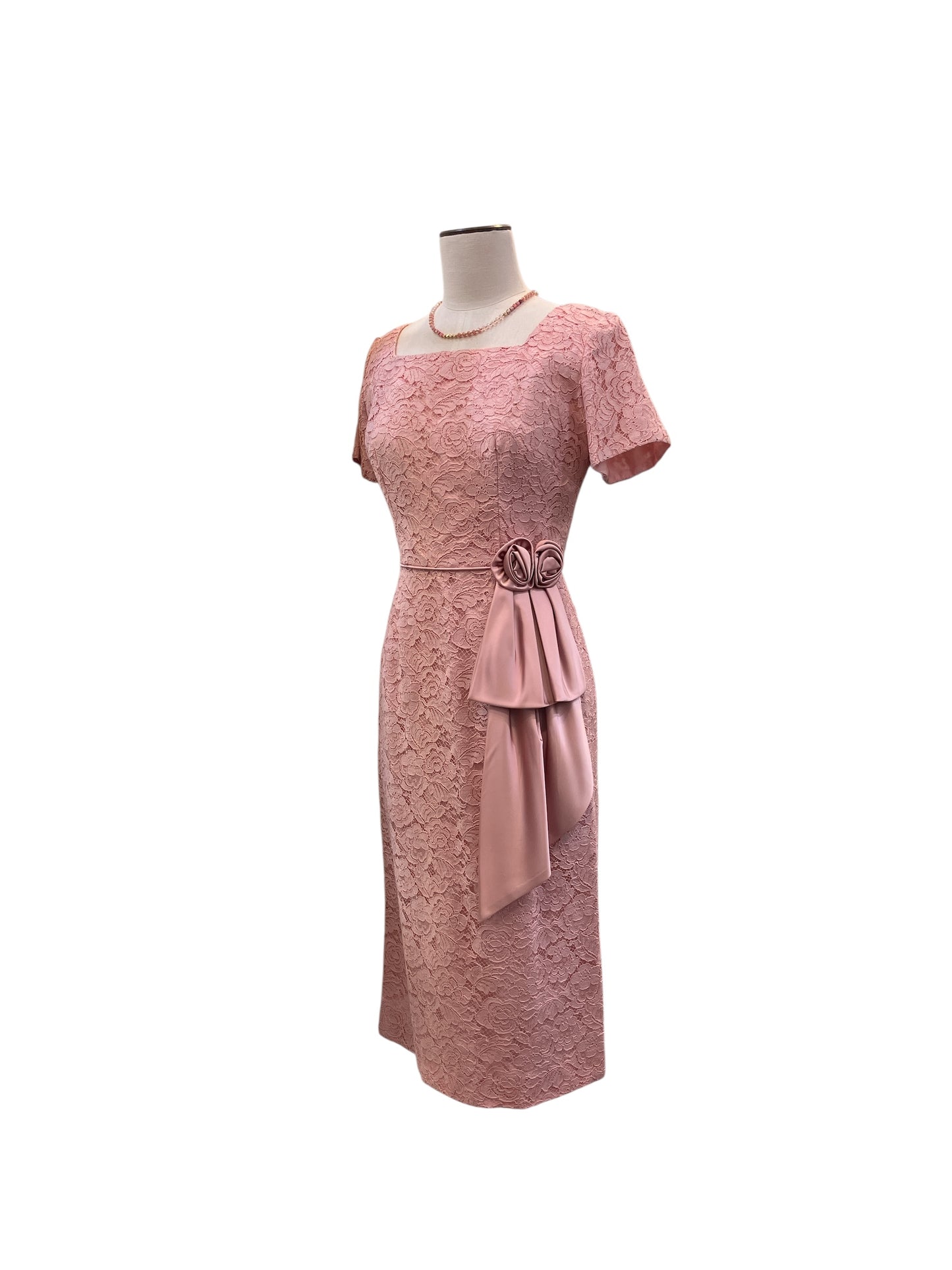 Vintage 1950s Elegant Pink Lace Knee Length Dress With Square Neckline and Rose Accent