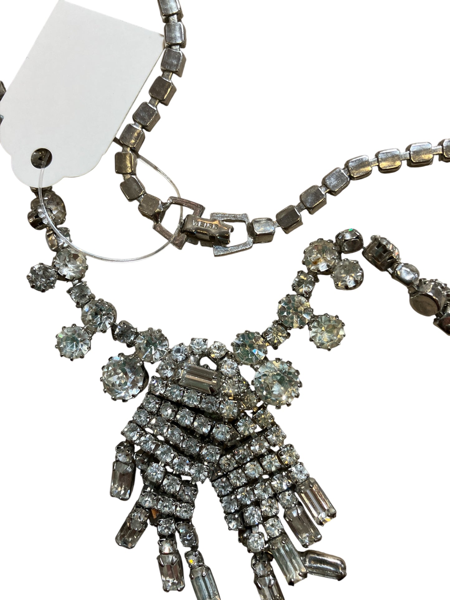 Vintage Weiss Rhinestone Costume Jewelry Chunky Overlapping Pendant 14in Necklace Clear Excellent Condition