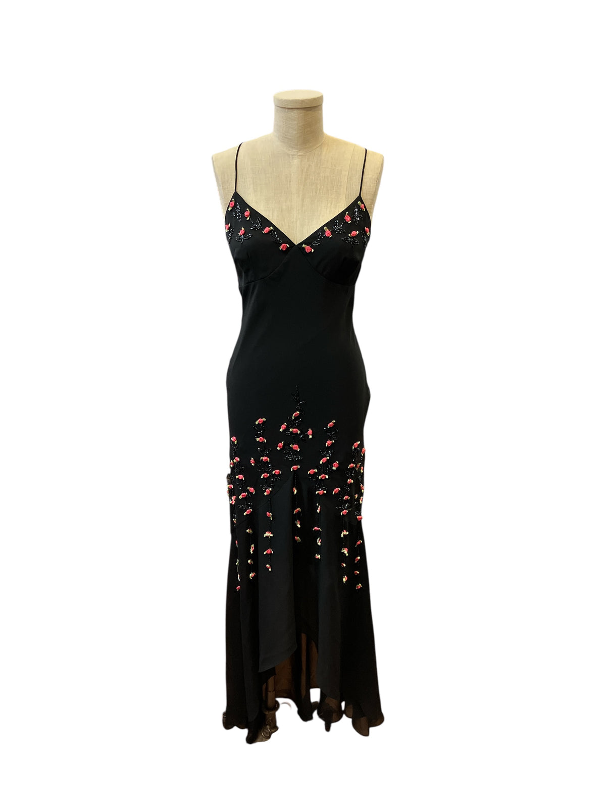 Vintage Zum Zum by Niki Livas Black High Low Bias Cut Chiffon Dress with Hot Pink Ribbon Rosette Detail