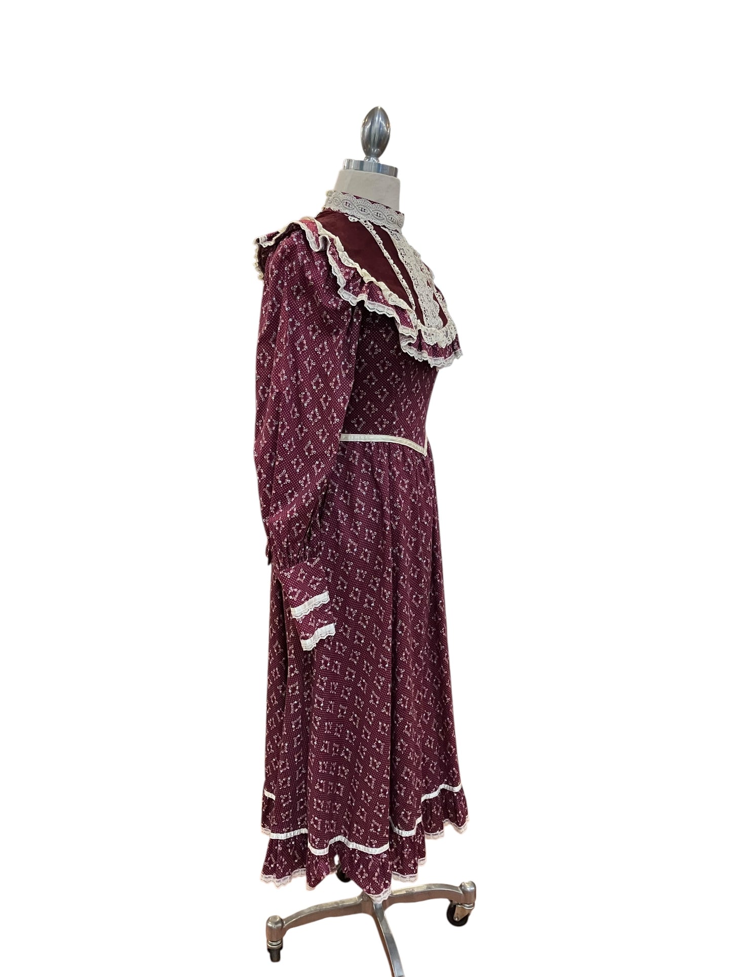 Vintage Gunne Sax Maroon Calico Midi Dress with Corduroy and Lace
