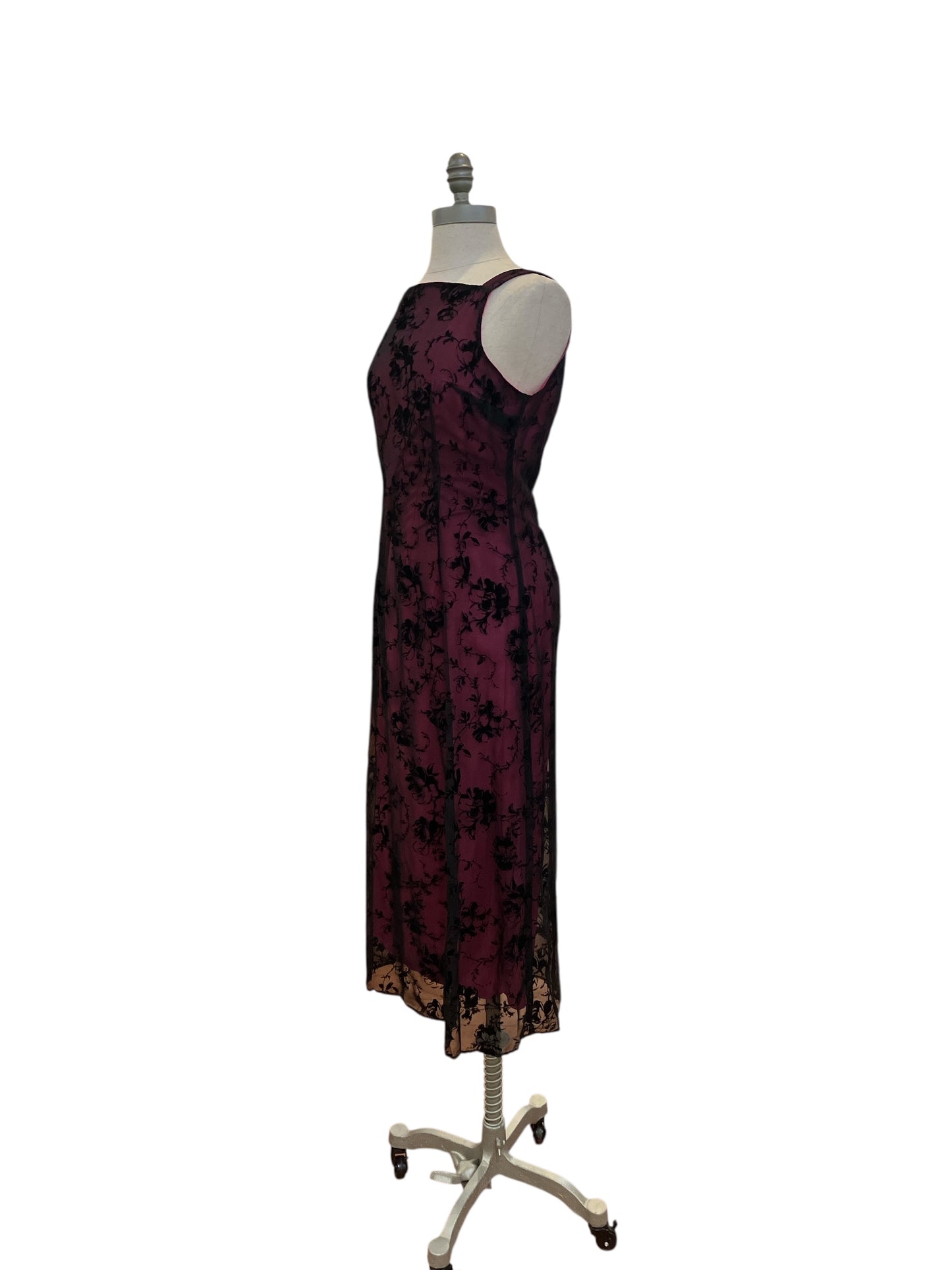 Vintage 1990s Helene Blake Hot Pink and Black Sheer Overlay Fitted Dress