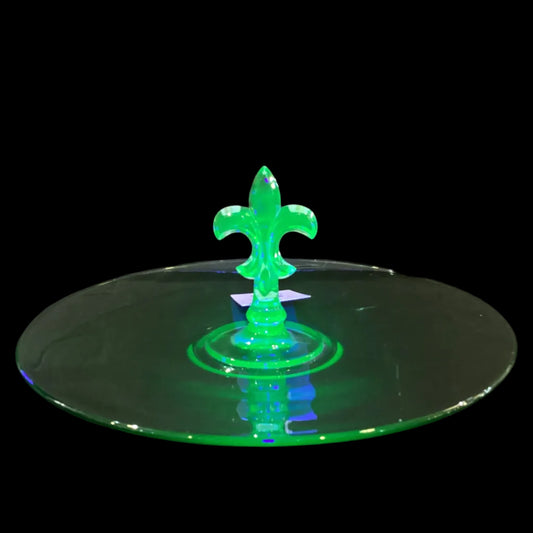 Vintage Uranium Depression Green Glass Cookie Dessert Tray with Fleur de Lis Handle Centerpiece (1pc)