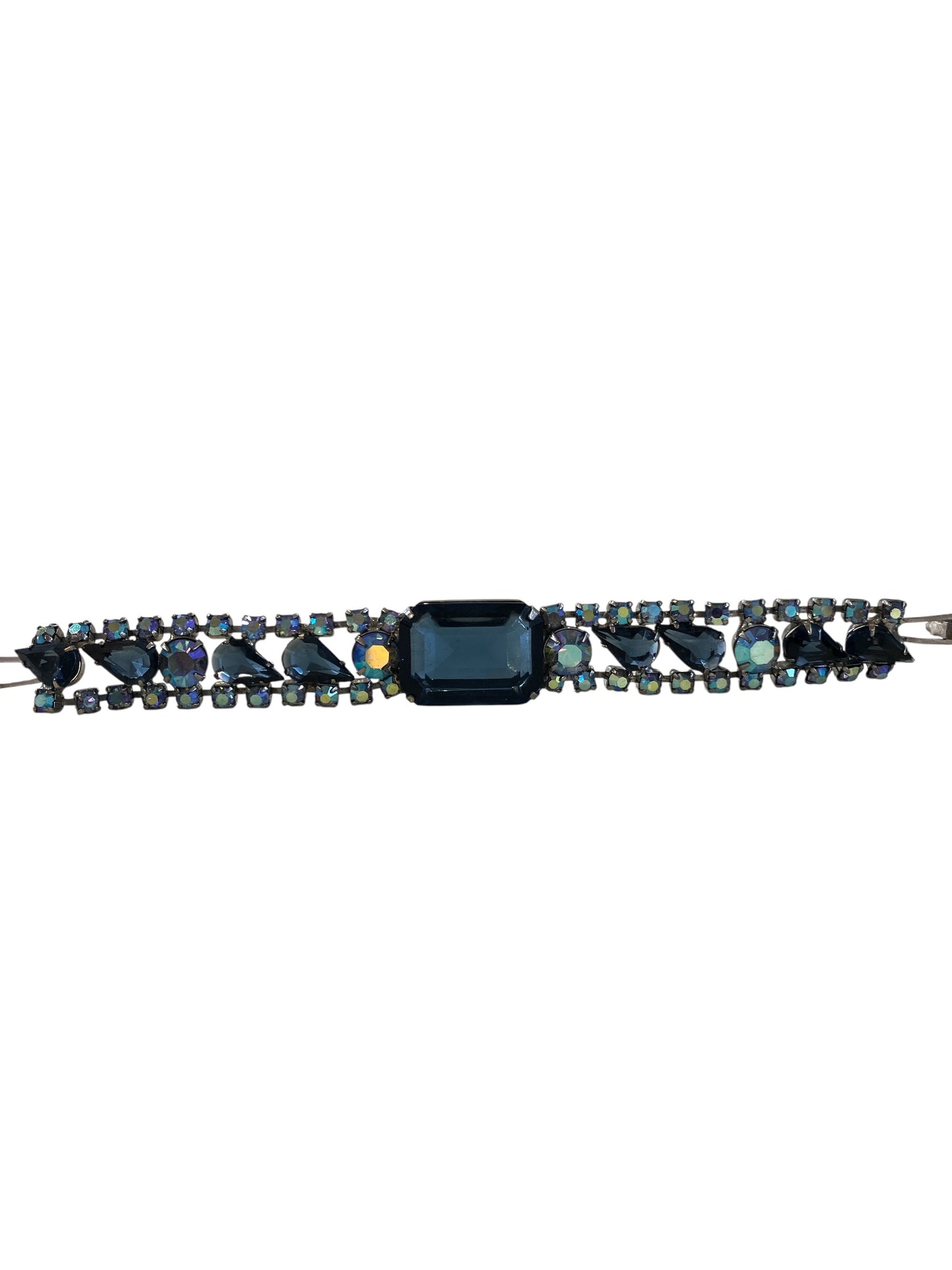 Vintage Dark Blue Iridescent Rhinestone Bracelet Midnight Navy Blue Costume Jewelry
