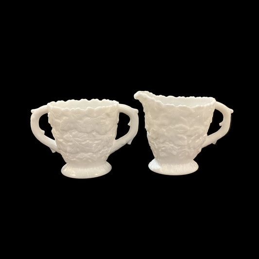 Vintage White Milk Glass Leaf Pattern with Branch Shaped Handles Cream and Sugar Sold as a Set (2pc)