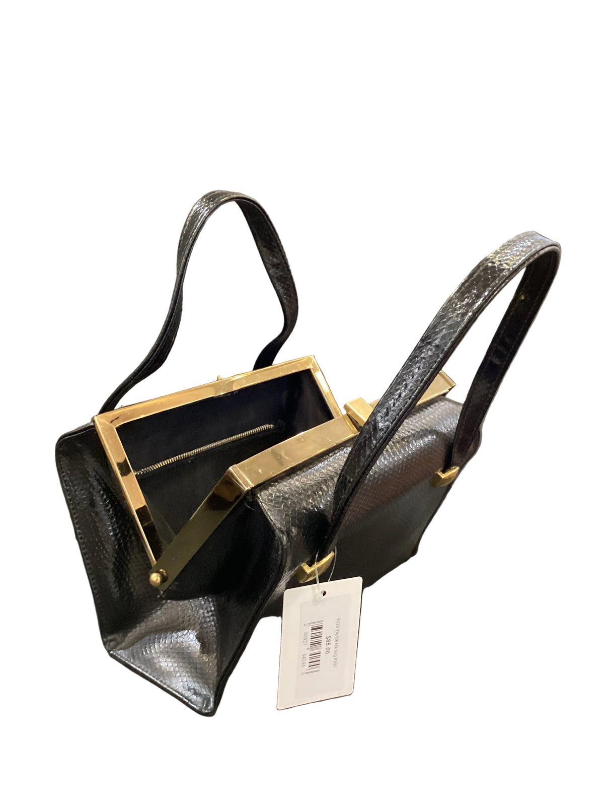 Vintage 1940s-1950s Black Leather Reptile Skin Purse Gold Hardware