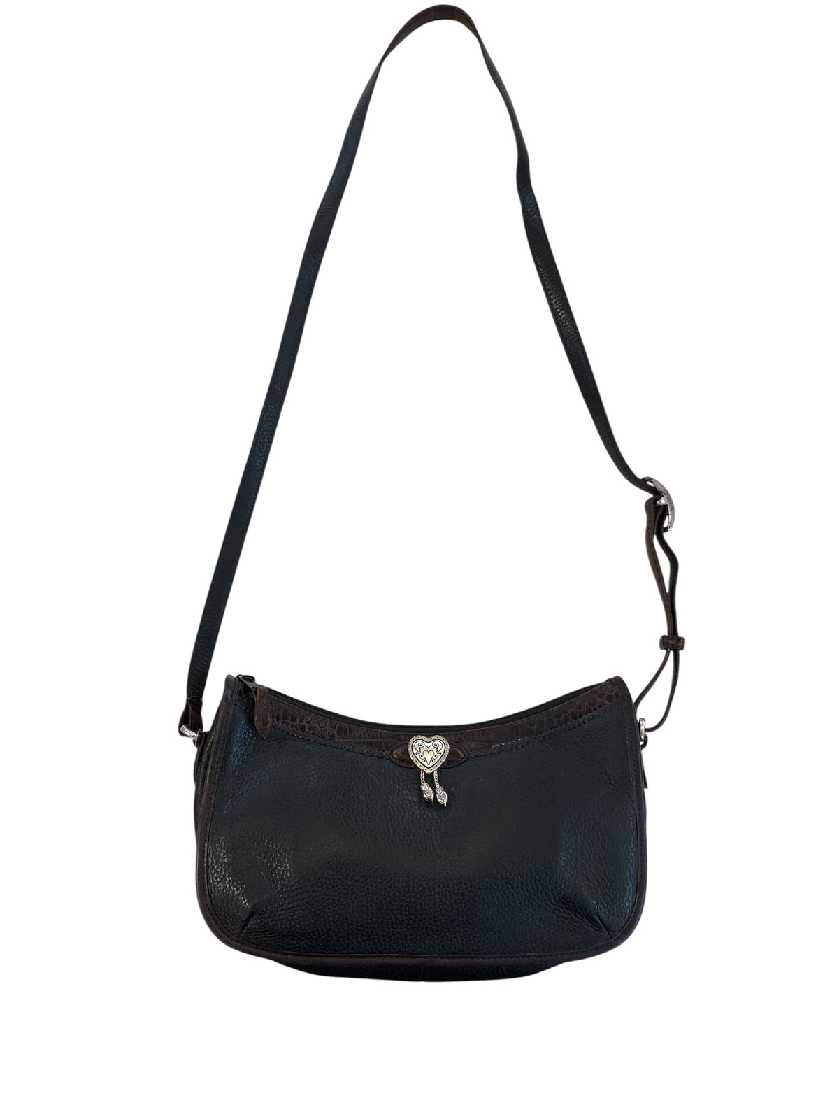 Vintage Brighton Crossbody Bag Black Pebble Leather with Dark Brown Trim Silver Hardware