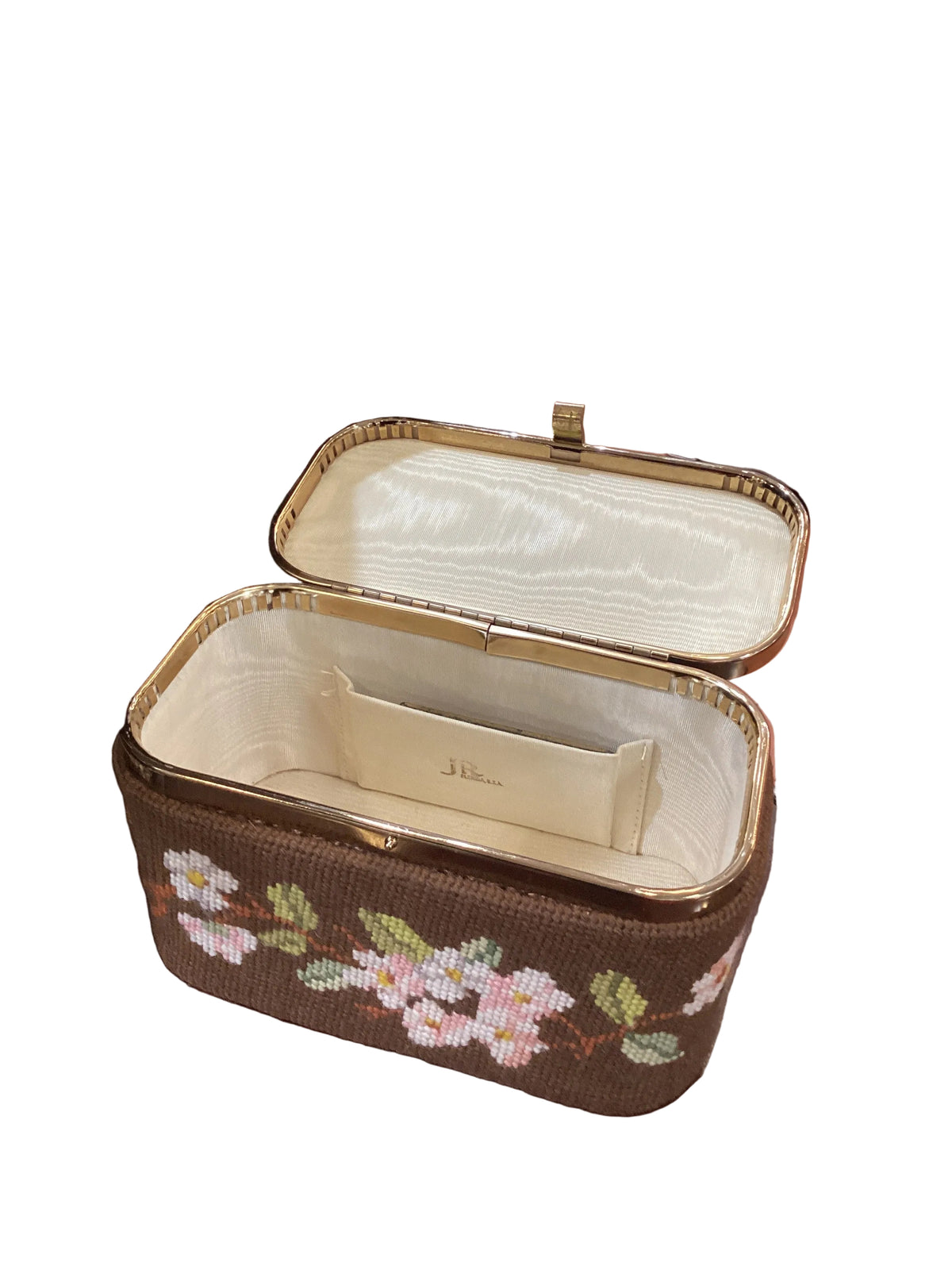 Vintage 1950s Brown Floral Needlepoint JR Florida Handbag Hard Shell Lucite Handle Fabric Lining