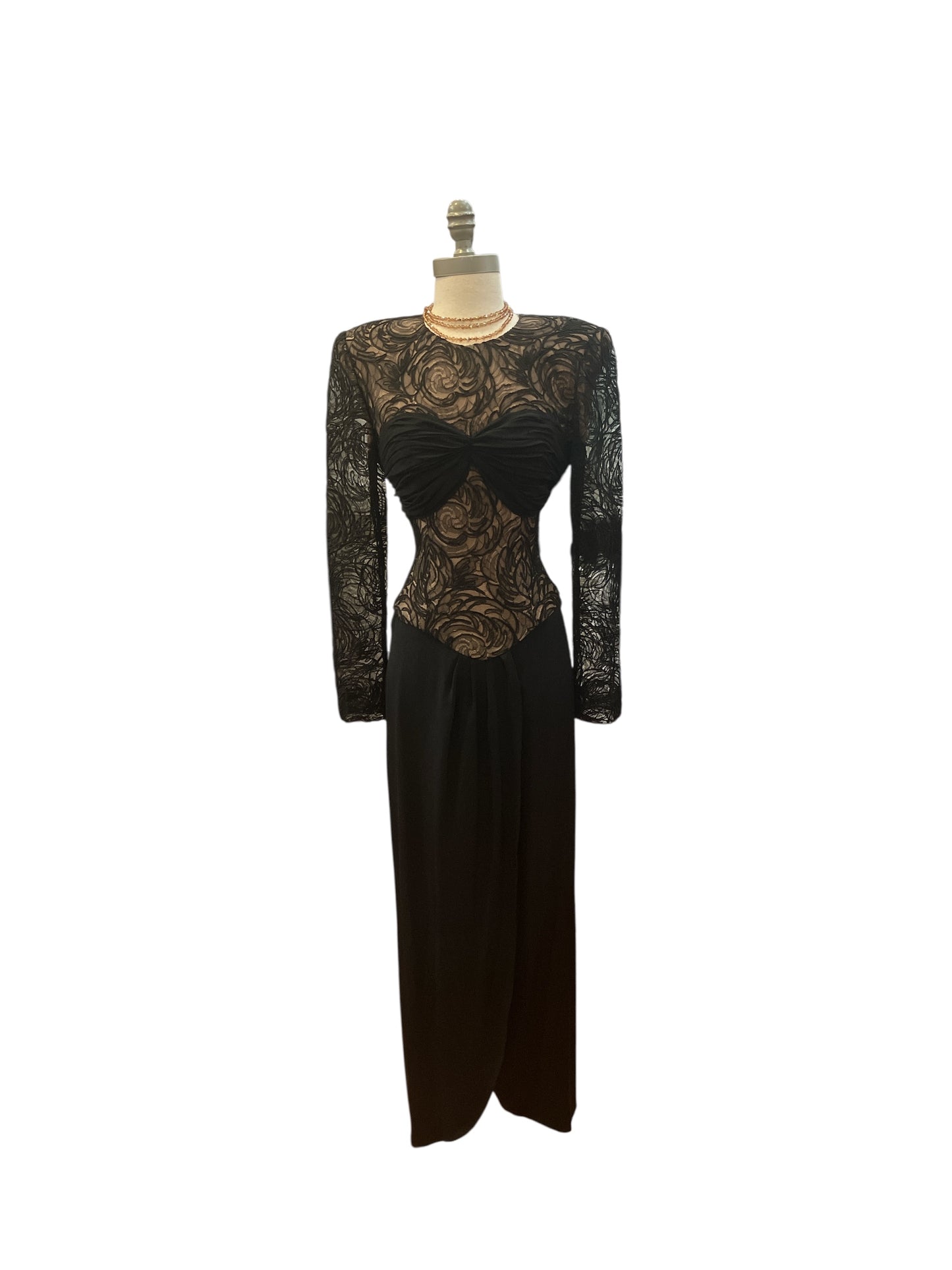 Vintage 1980s Custom Made Black and Nude Lace Illusion Dress with Shoulder Pads
