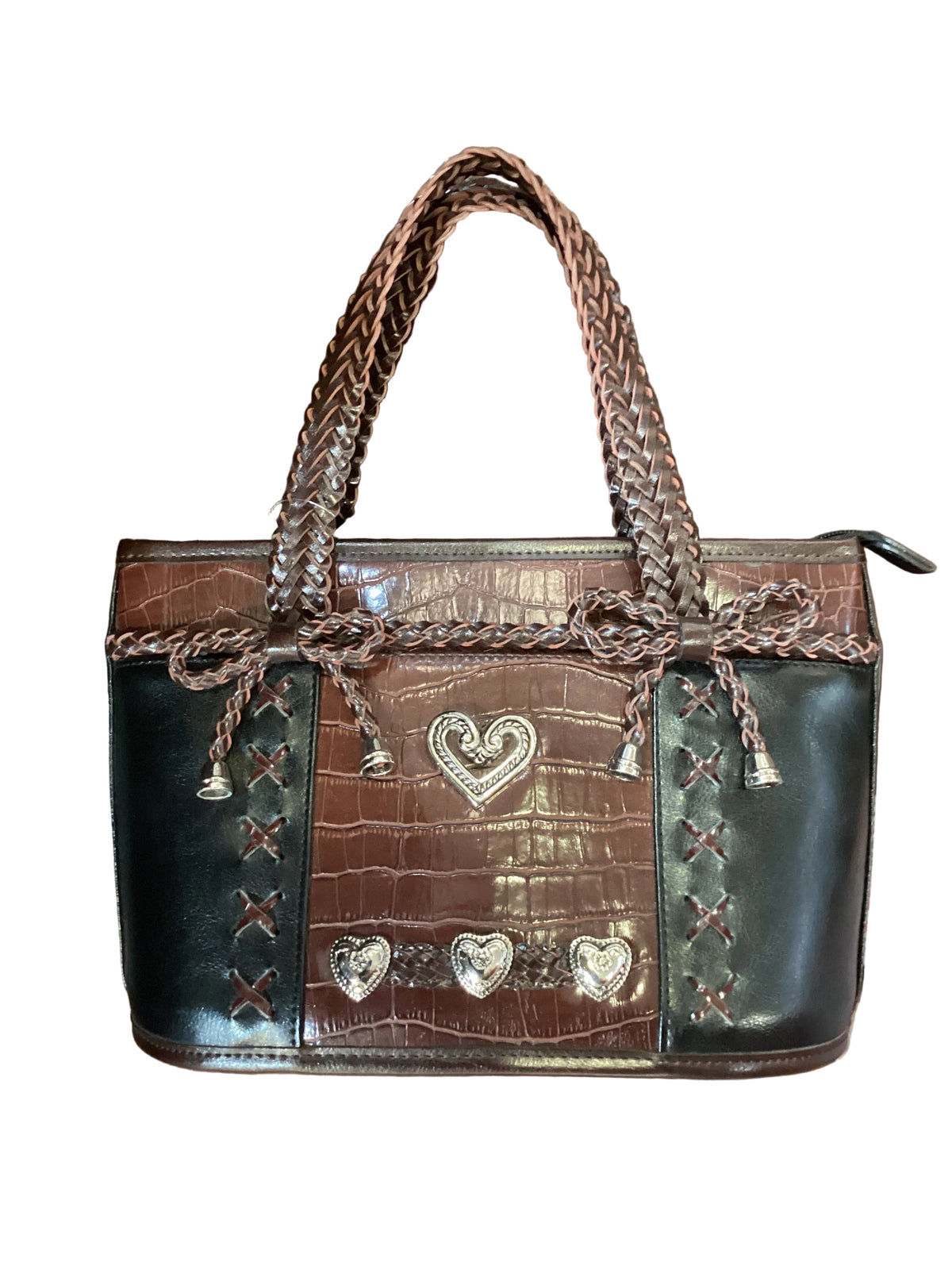 Vintage Brighton Hearts and Bows Black Smooth Leather Brown Croc Embossed Leather Silver Hardware Braided Handle