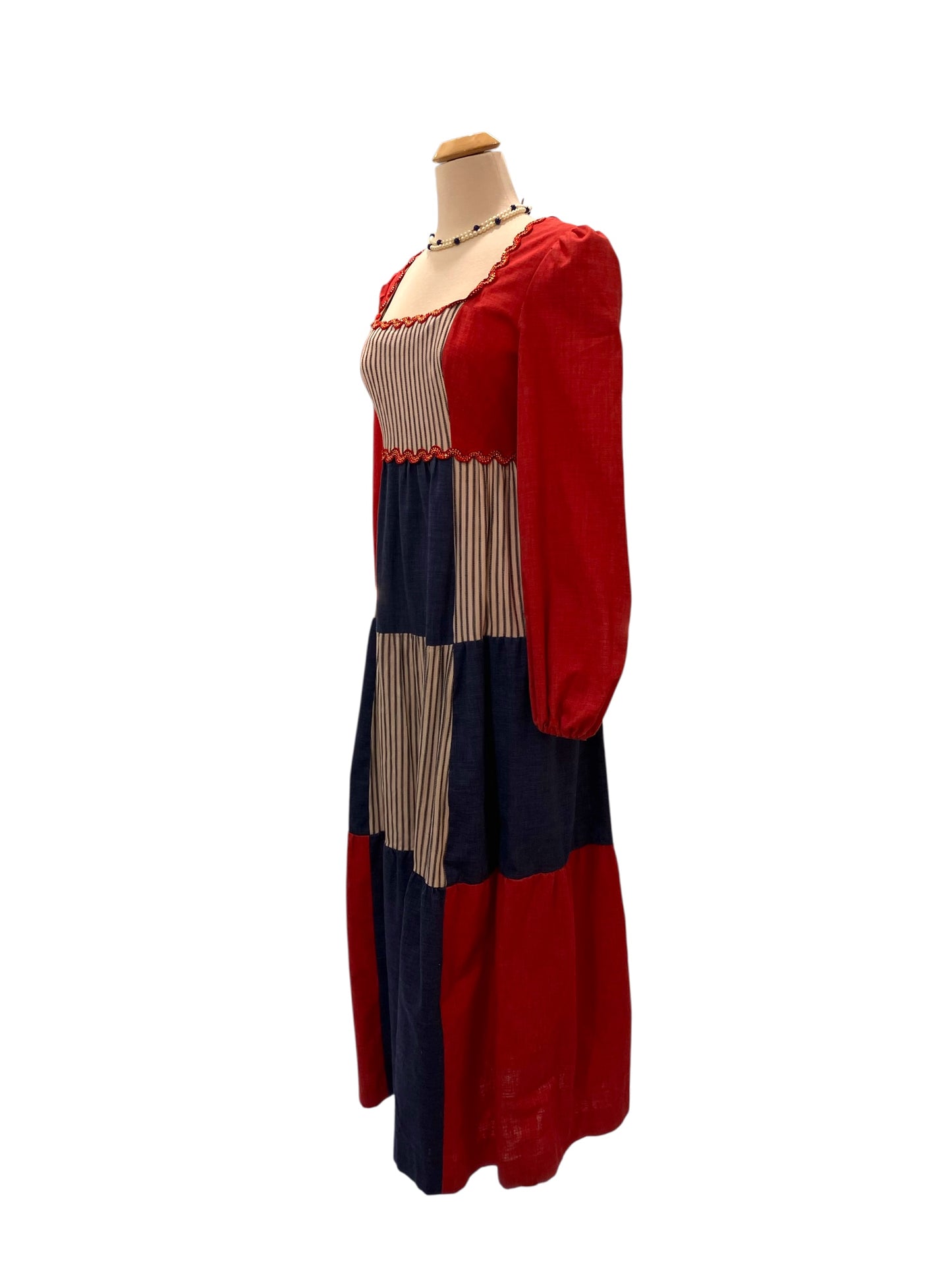 Vintage Rare Young Edwardian Red White and Blue Patchwork Prairie Dress With Zig Zag Trim